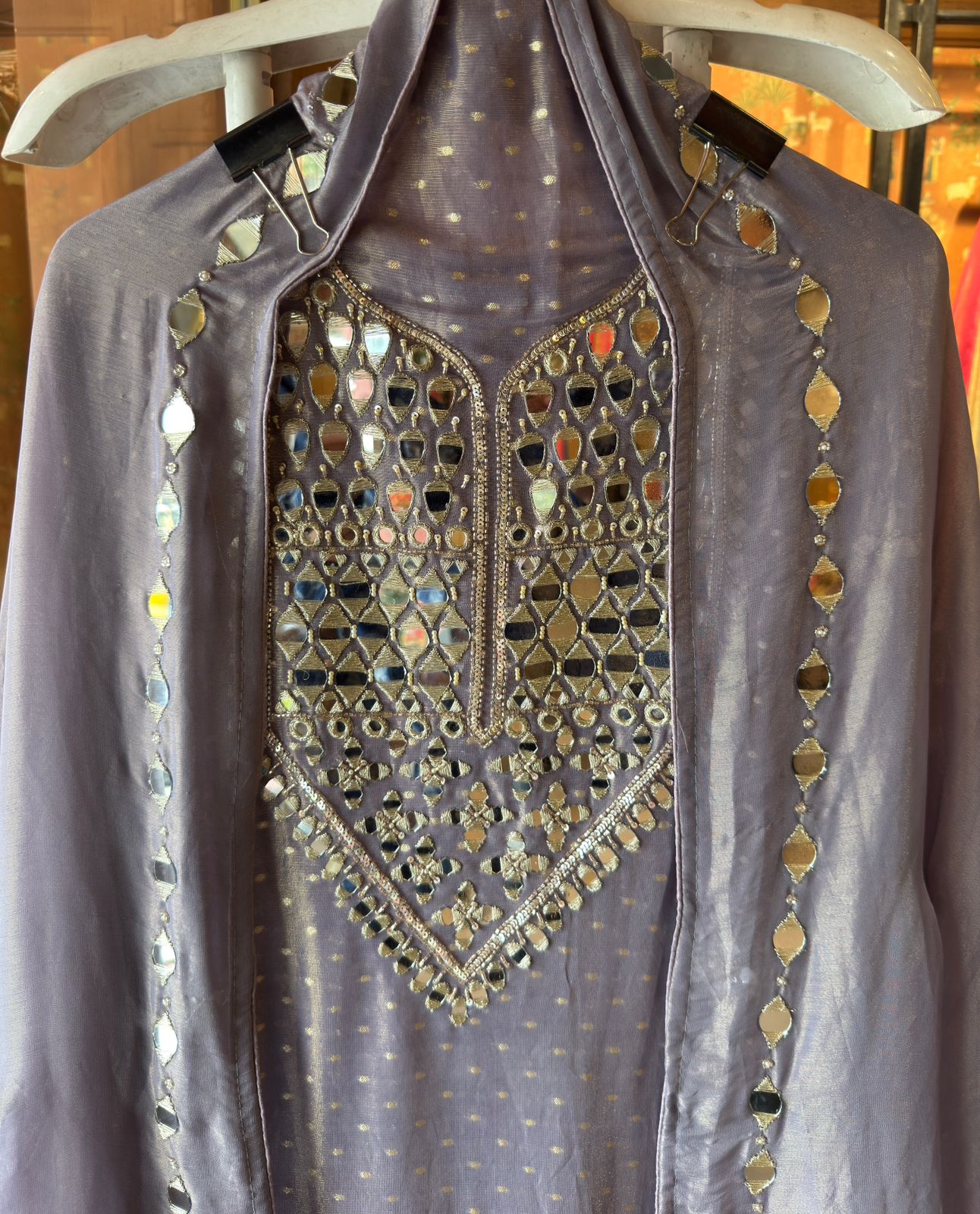 Luxury Tissue Suit with Intricate Mirror Embroidery & Opada Silk Bottoms