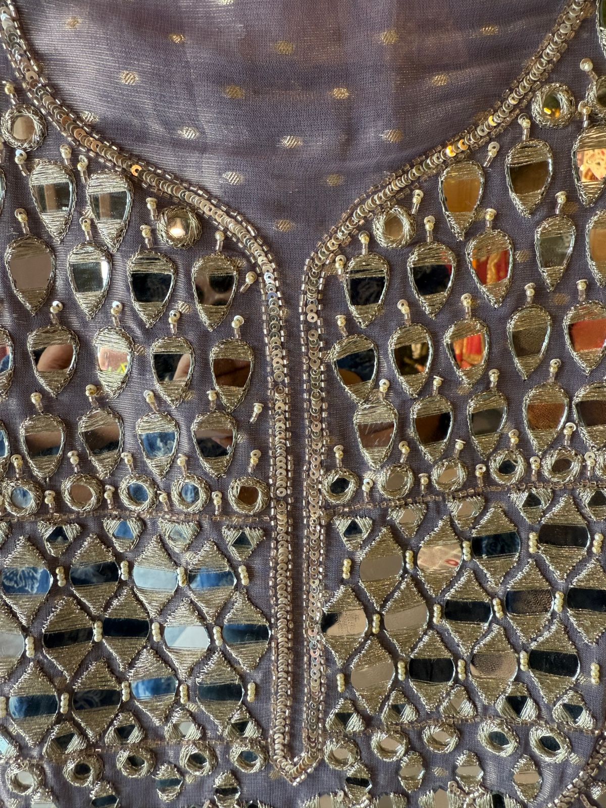 Luxury Tissue Suit with Intricate Mirror Embroidery & Opada Silk Bottoms