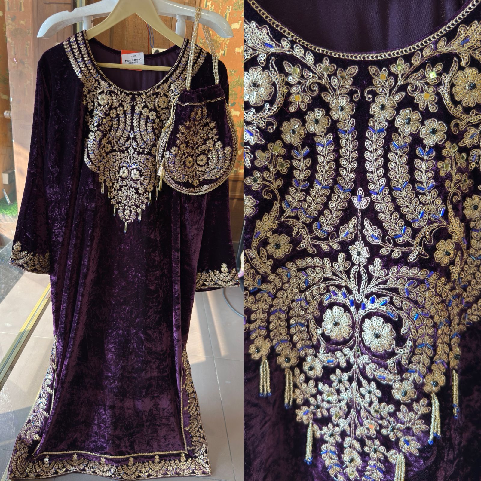 Heavy embroidered velvet kurta