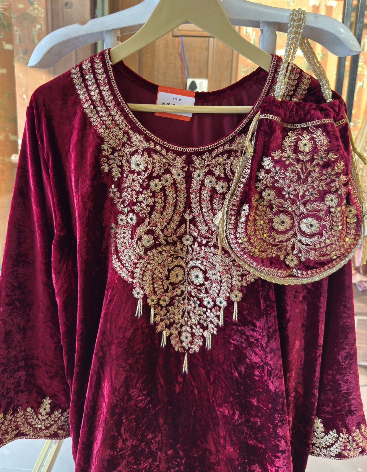 Heavy embroidered velvet kurta