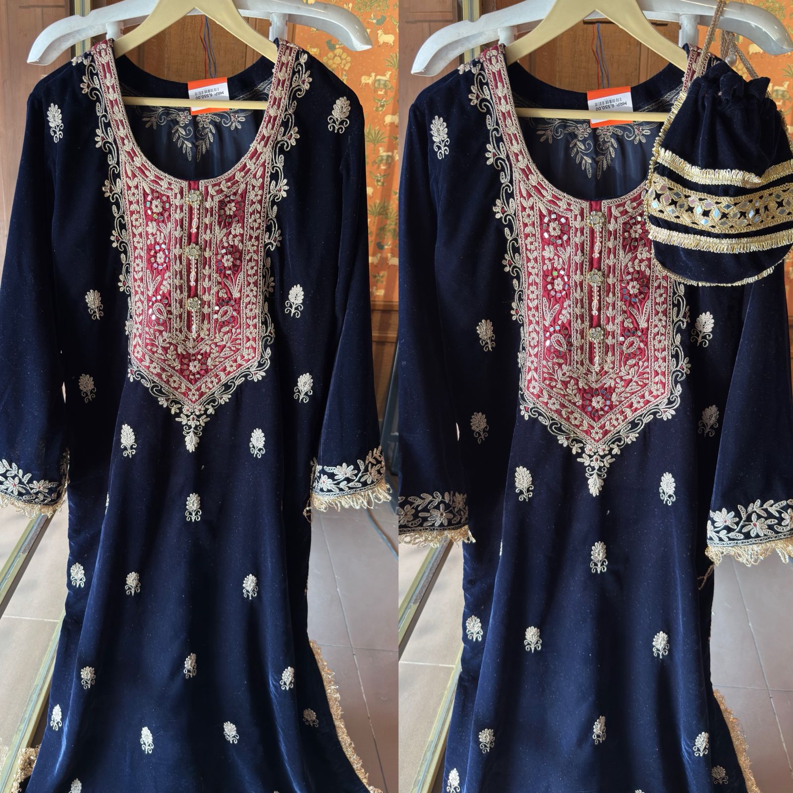 Heavy embroidered velvet kurta
