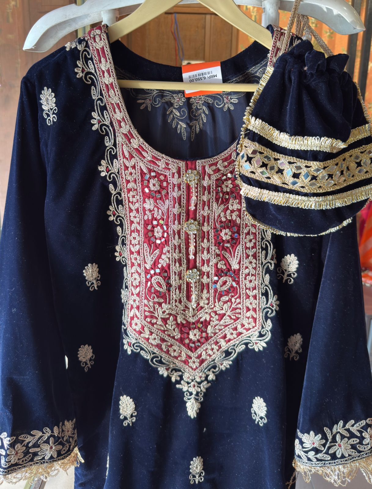 Heavy embroidered velvet kurta