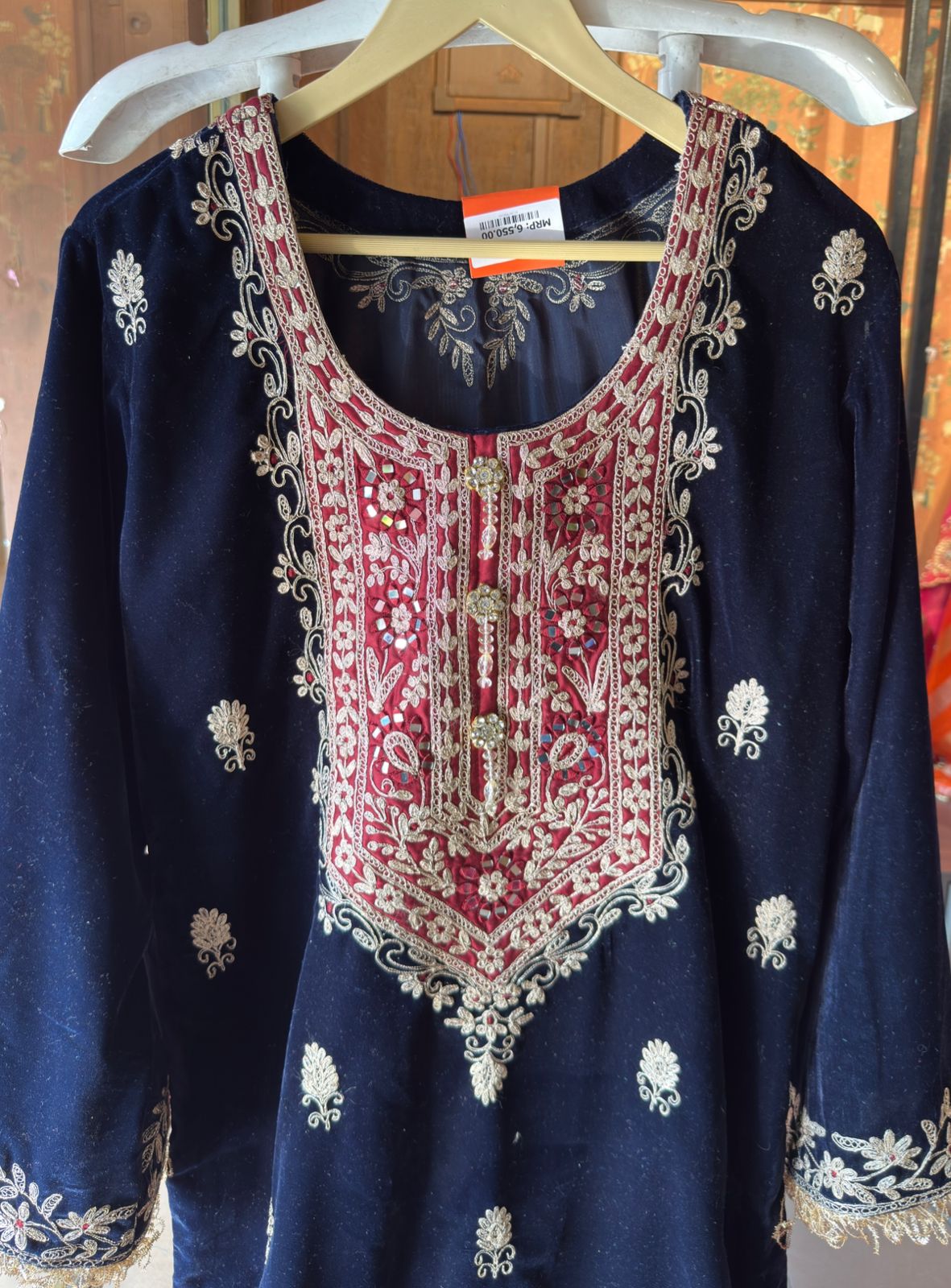 Heavy embroidered velvet kurta