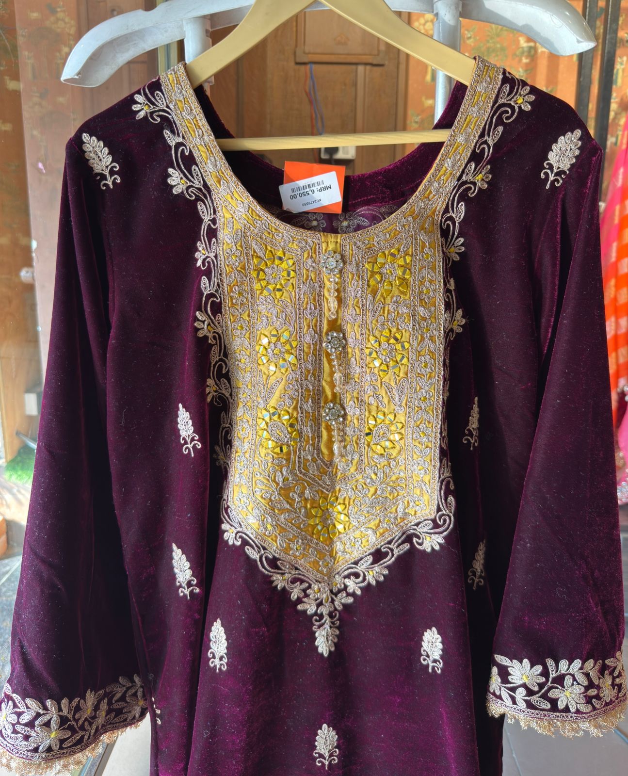 Heavy embroidered velvet kurta