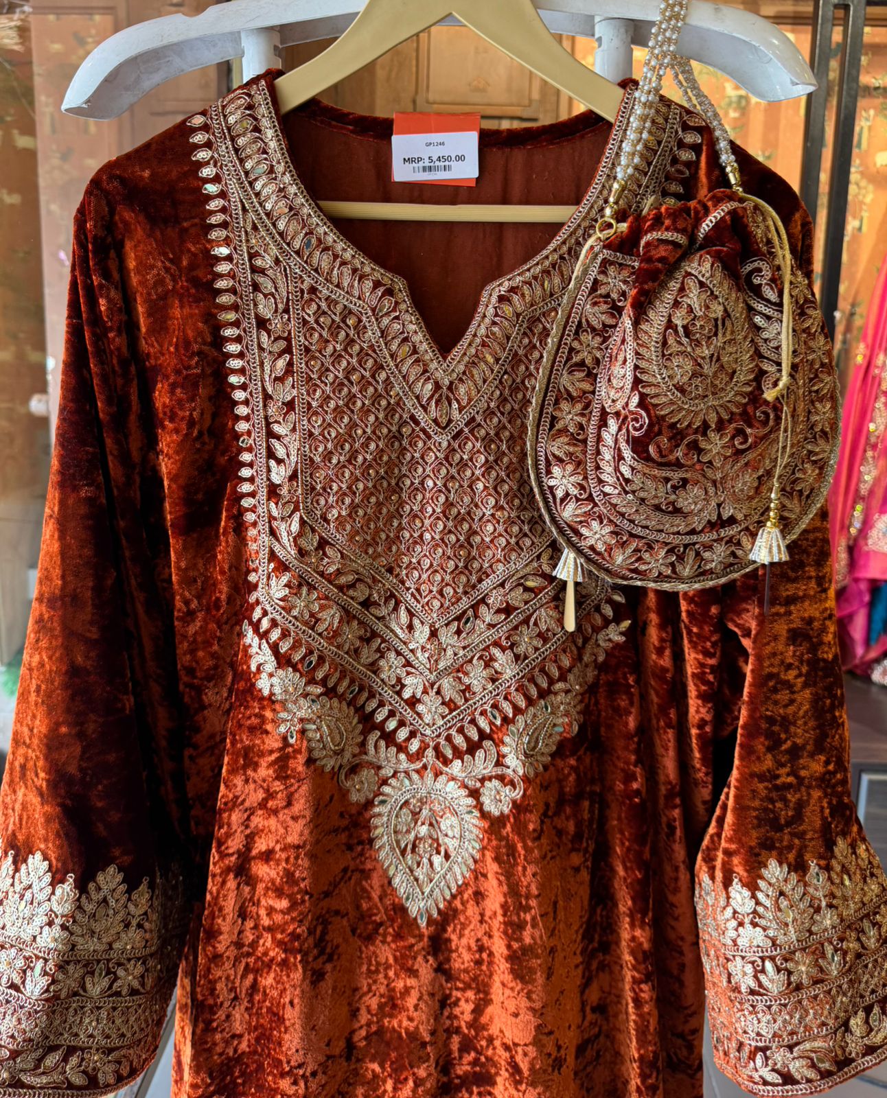 Heavy embroidered velvet kurta