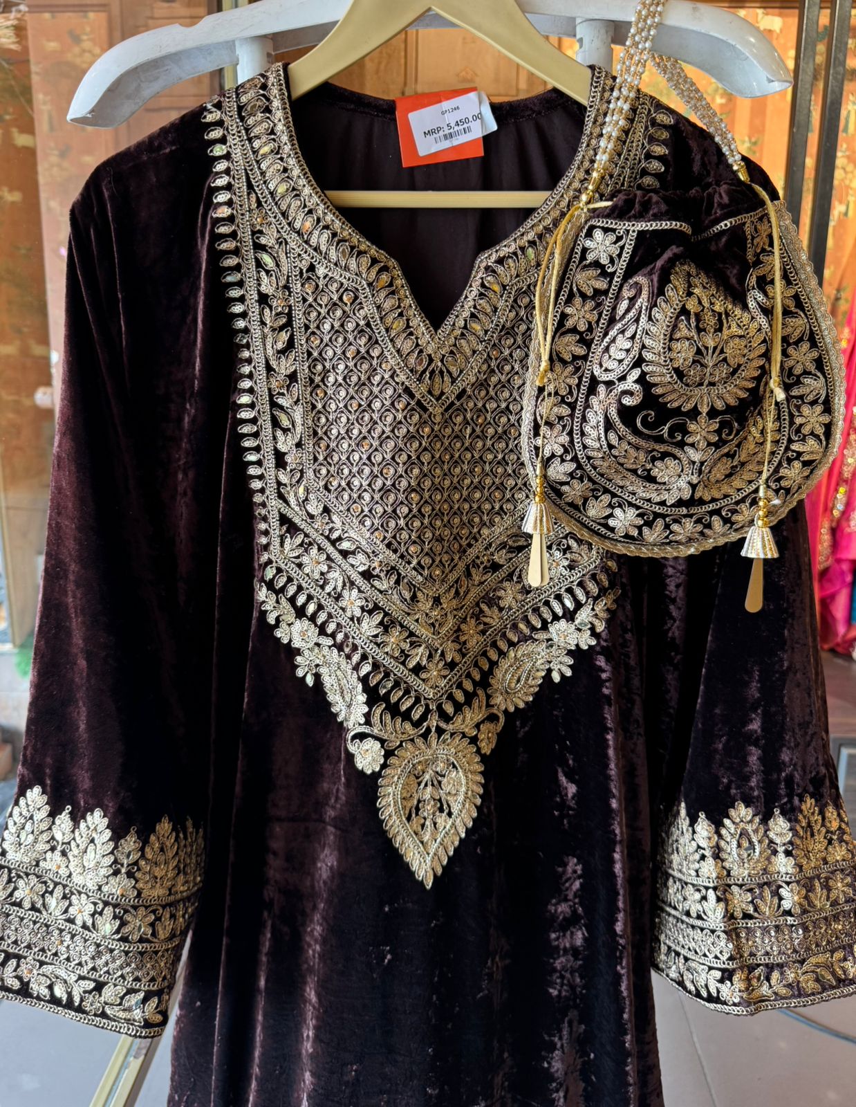 Heavy embroidered velvet kurta