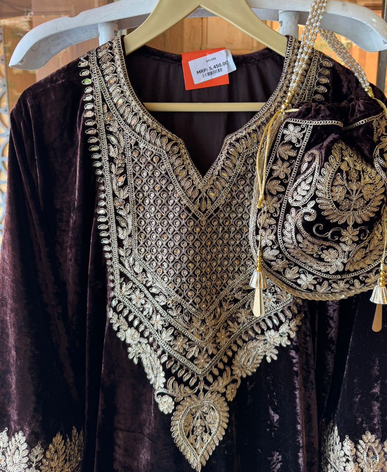 Heavy embroidered velvet kurta