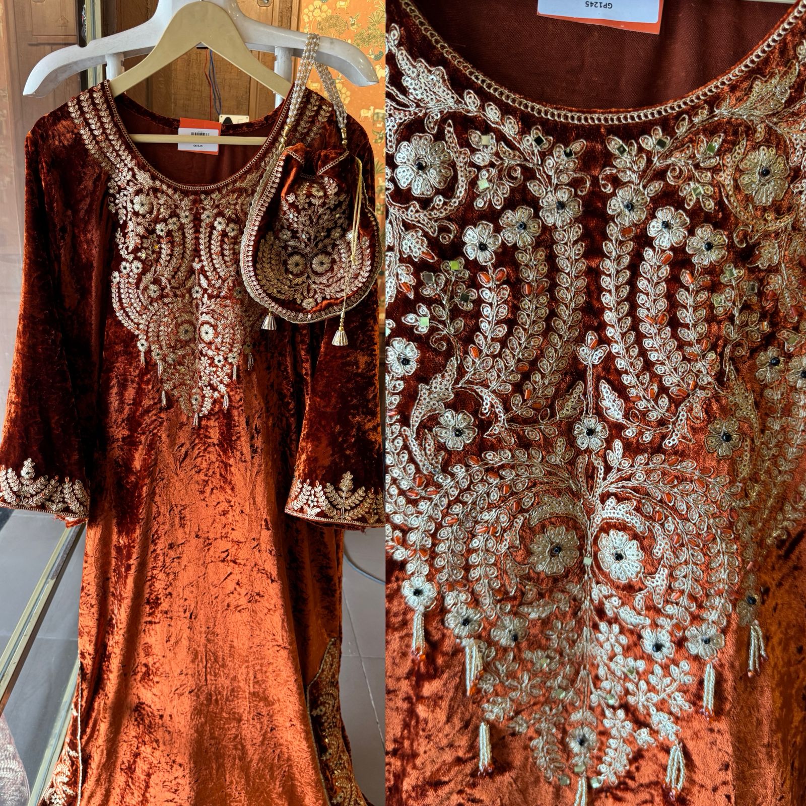 Heavy embroidered velvet kurta