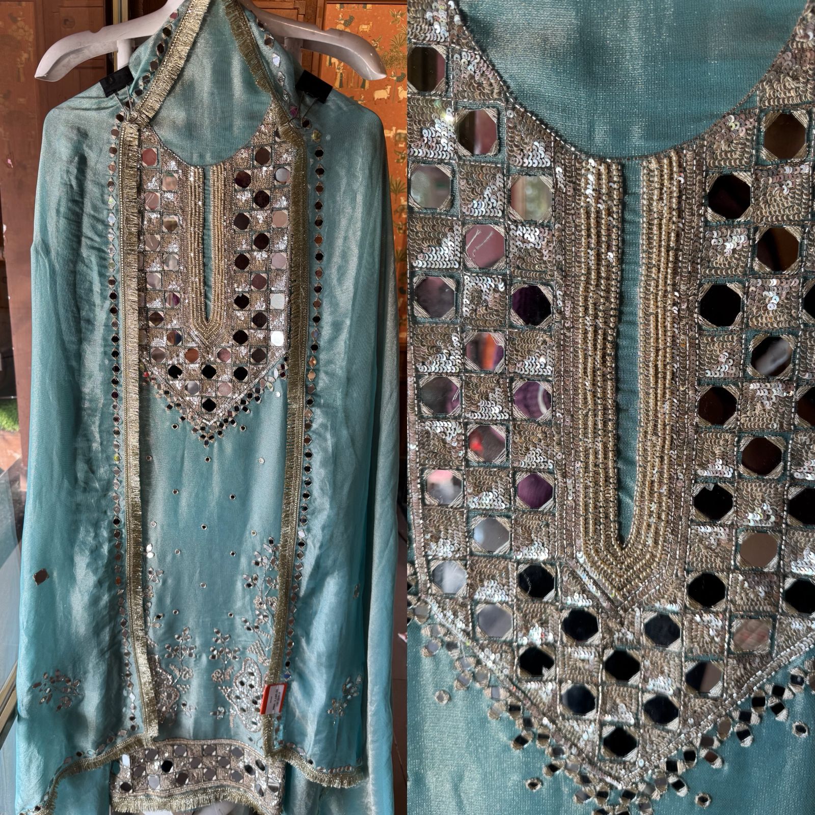 Simmer Tissue Mirrorwork Unstitched Suit with Shimmer Dupatta