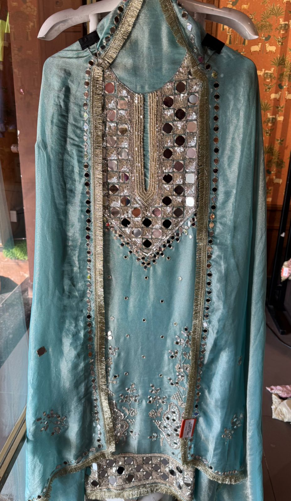 Simmer Tissue Mirrorwork Unstitched Suit with Shimmer Dupatta