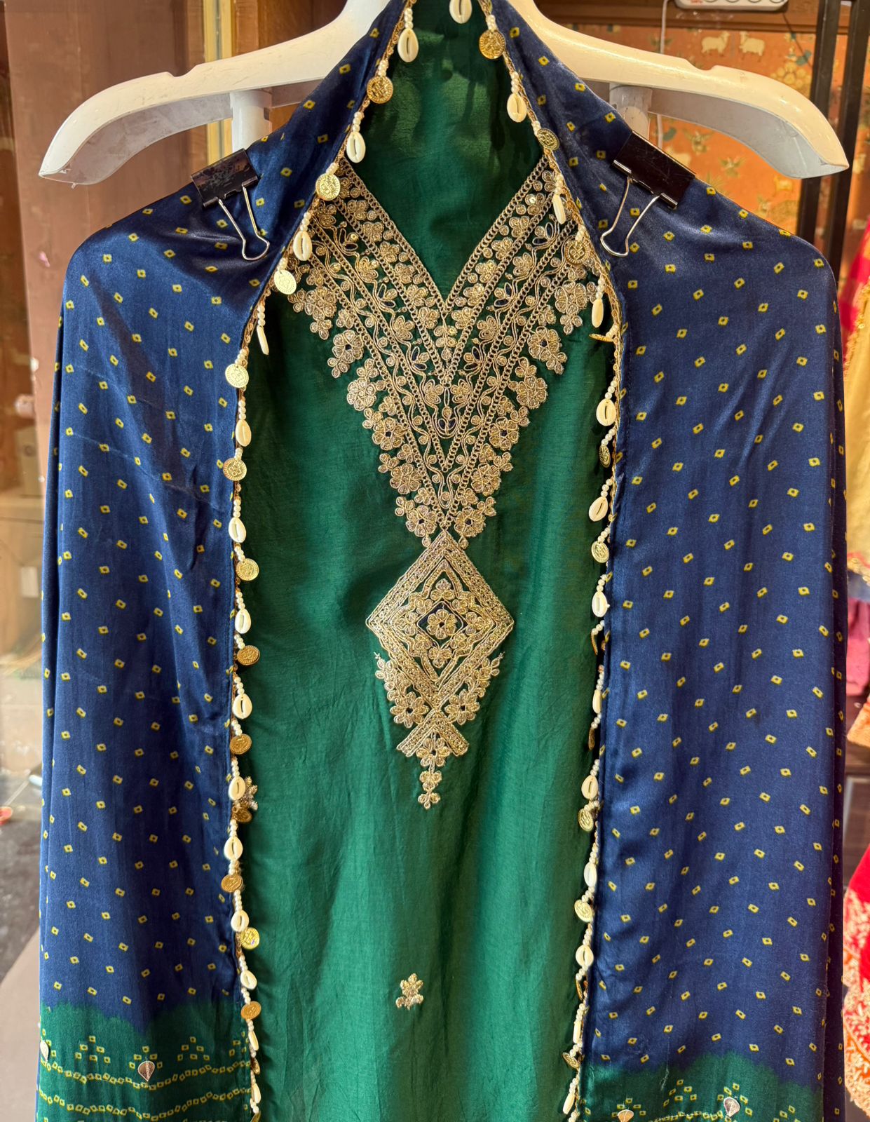 Wedding Unstitched Suit with Zari & Bandhani Dupatta