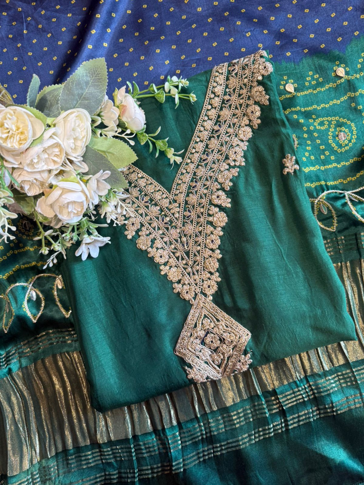 Wedding Unstitched Suit with Zari & Bandhani Dupatta