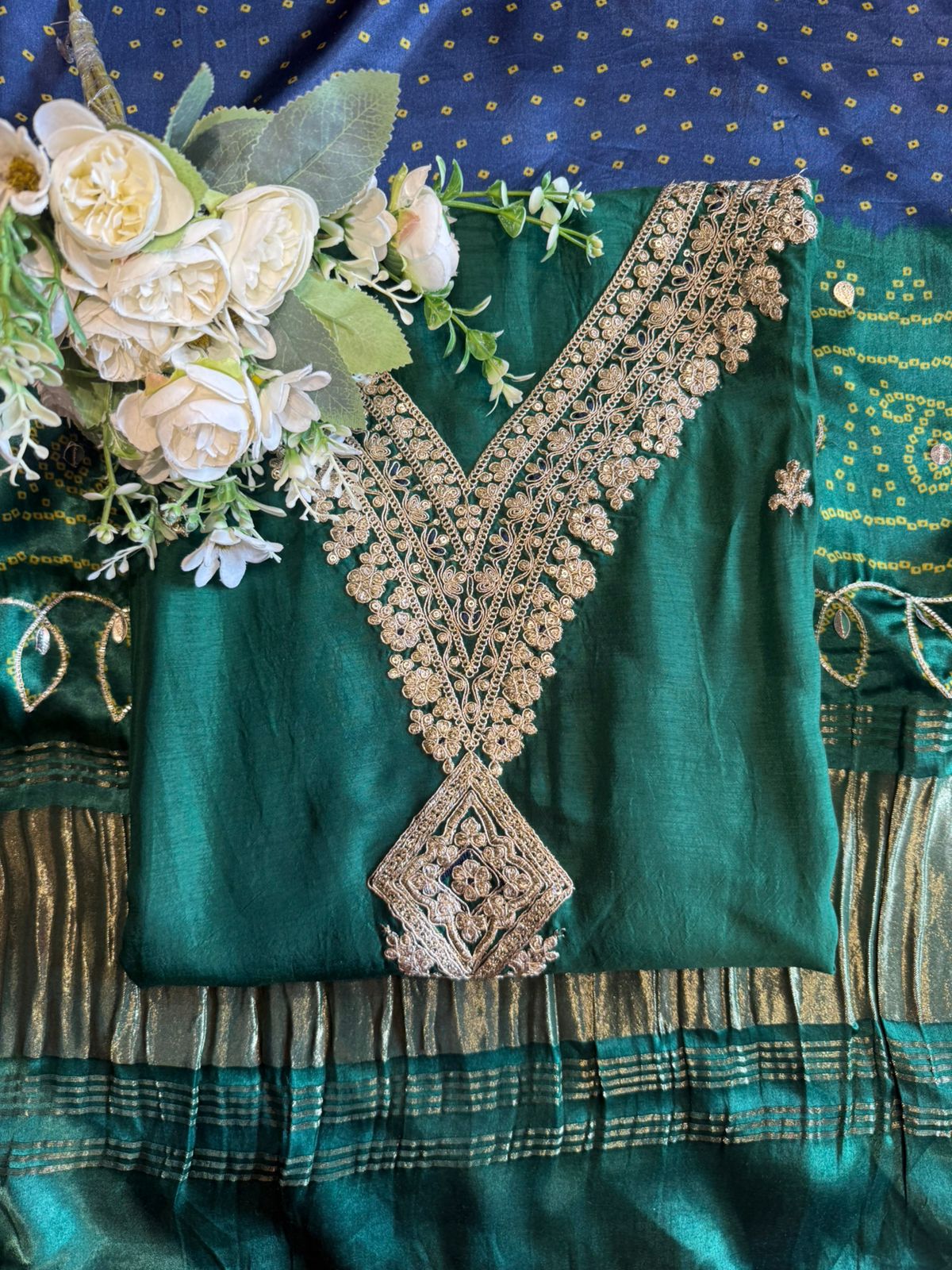 Wedding Unstitched Suit with Zari & Bandhani Dupatta