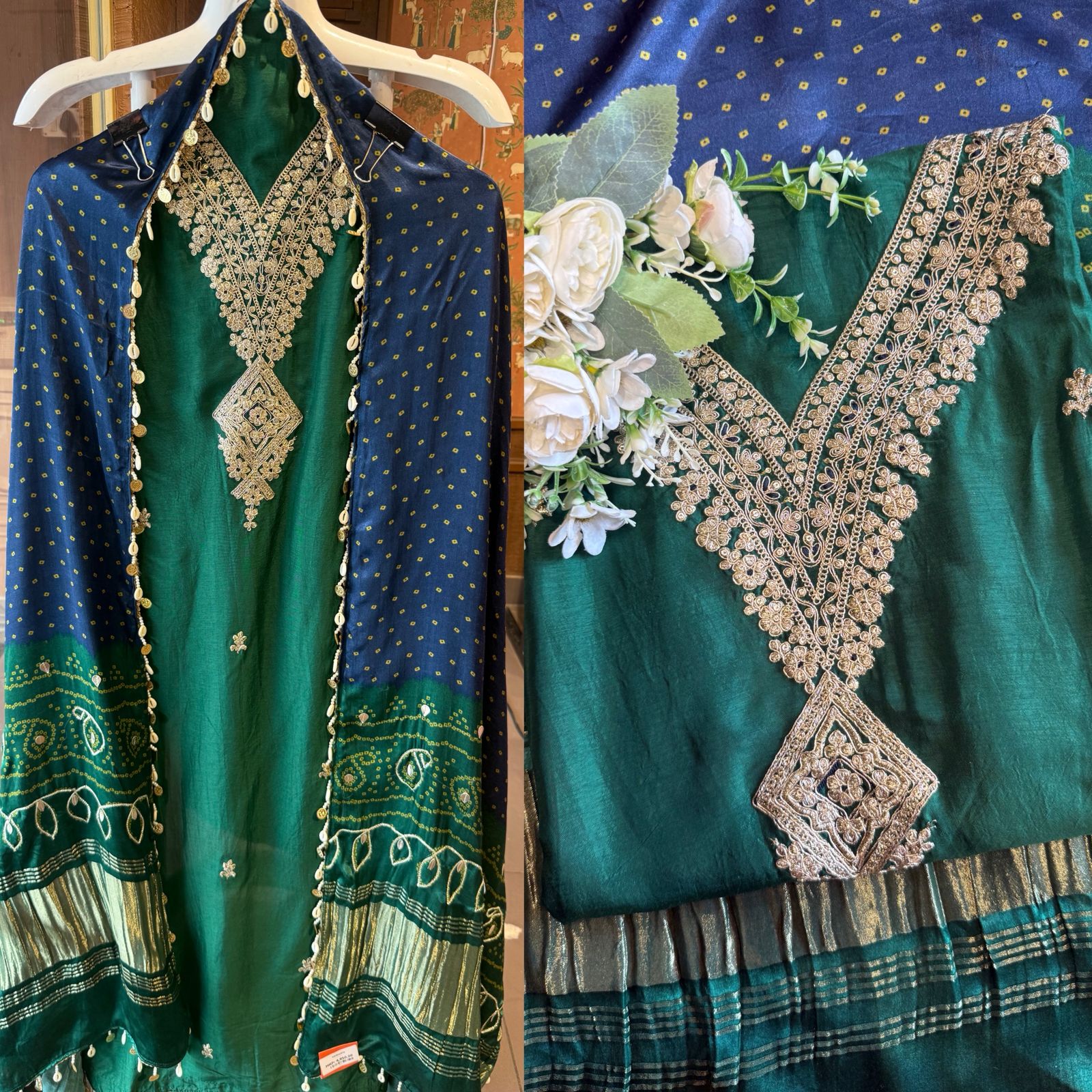 Wedding Unstitched Suit with Zari & Bandhani Dupatta