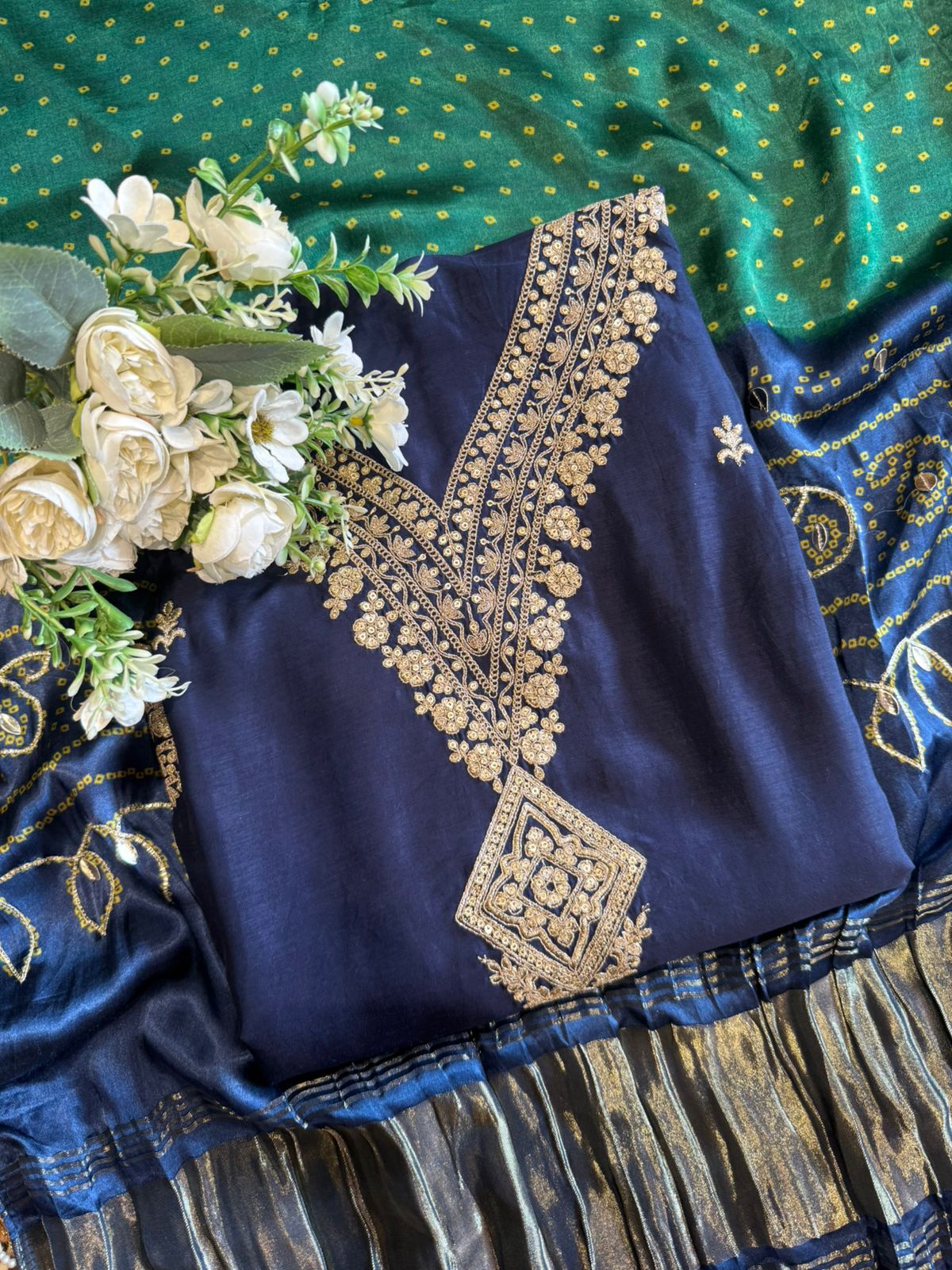Wedding Unstitched Suit with Zari & Bandhani Dupatta