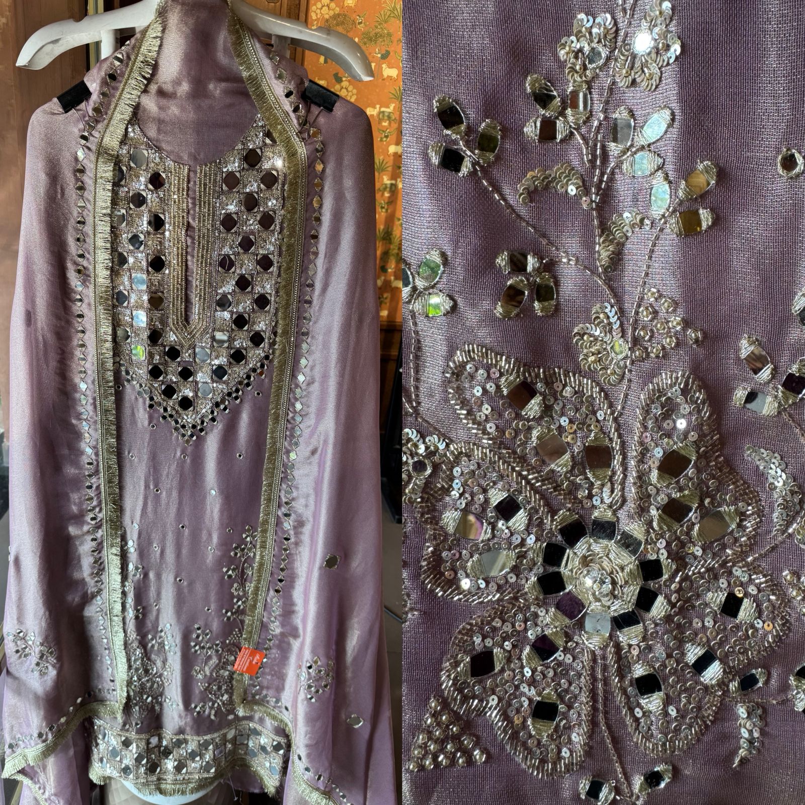 Simmer Tissue Mirrorwork Unstitched Suit with Shimmer Dupatta