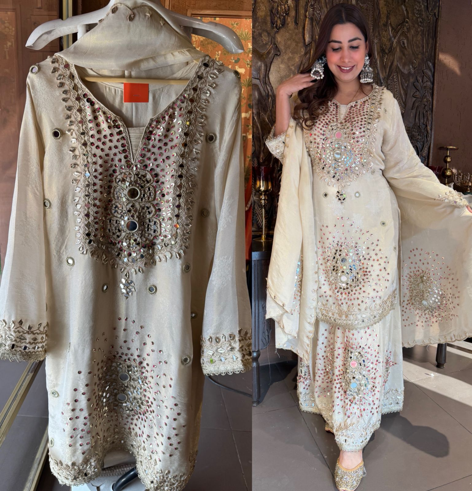 Heavily embellished ivory traditional sharara suit