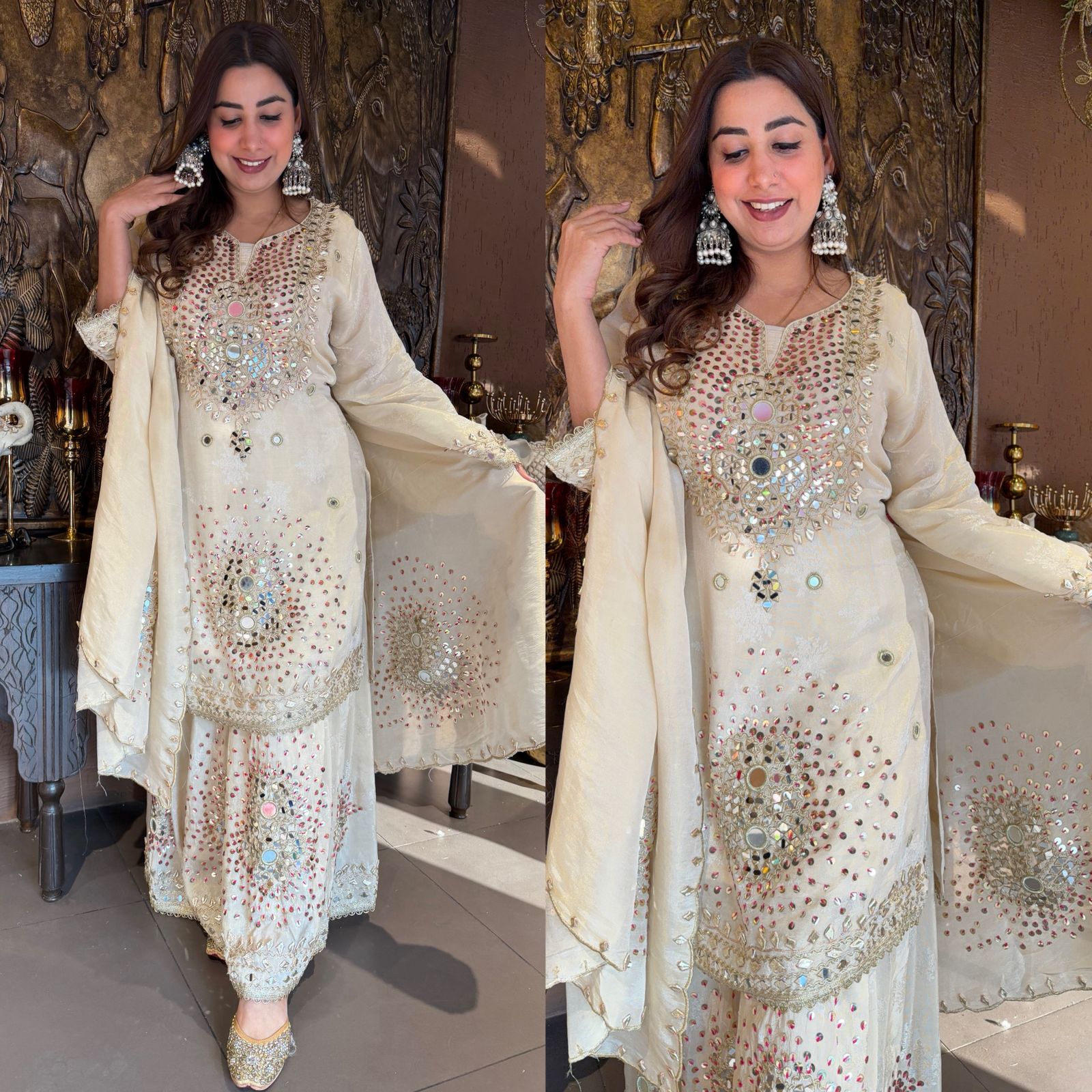Heavily embellished ivory traditional sharara suit