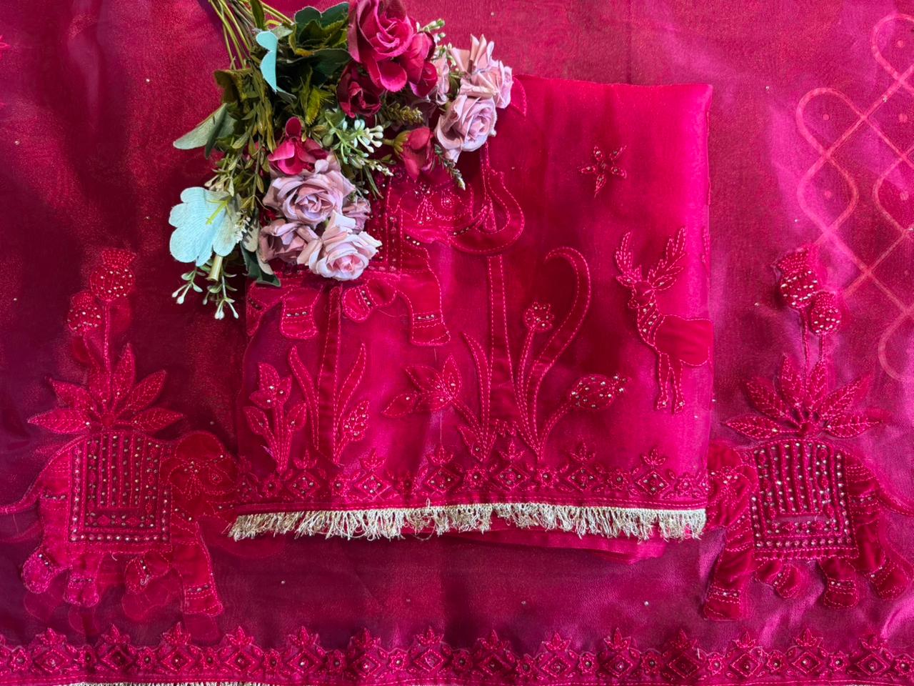 Velvet Elephant Appliqué Organza Unstitched Suit