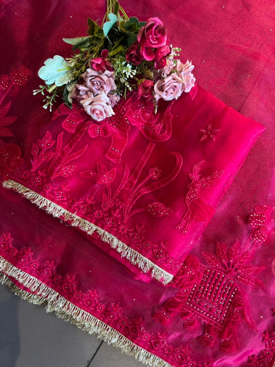 Velvet Elephant Appliqué Organza Unstitched Suit