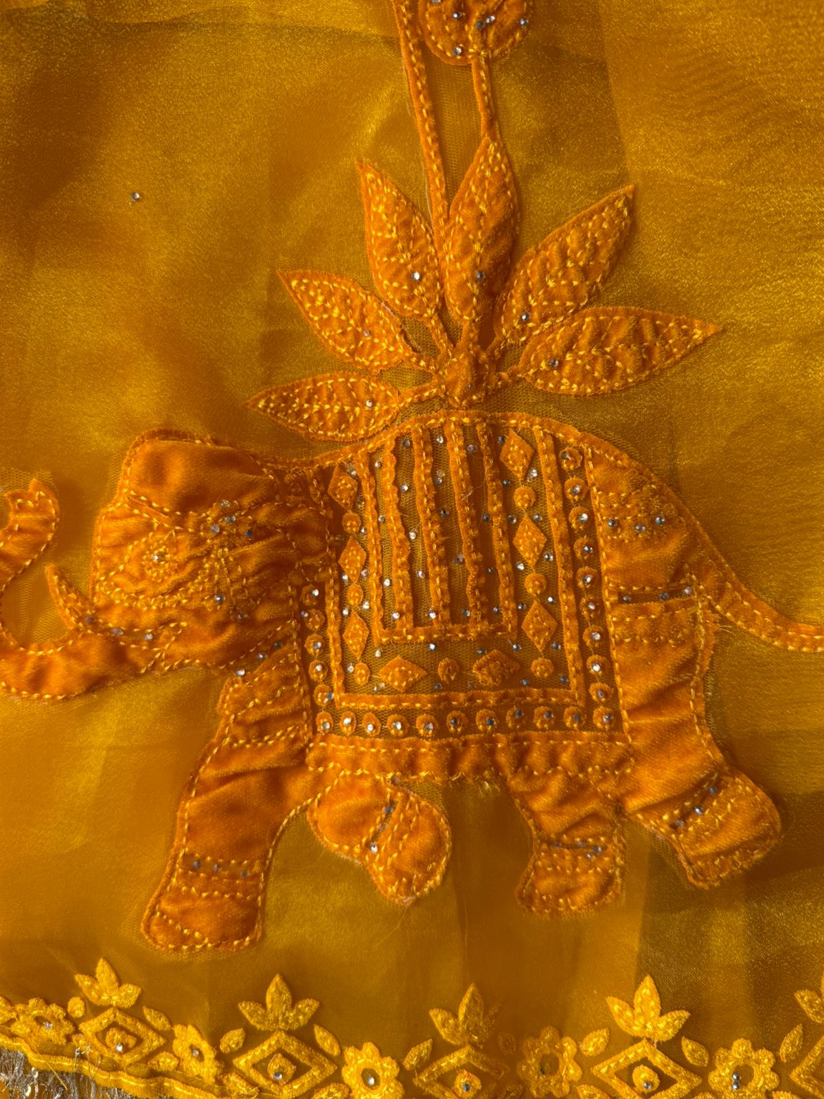 Velvet Elephant Appliqué Organza Unstitched Suit