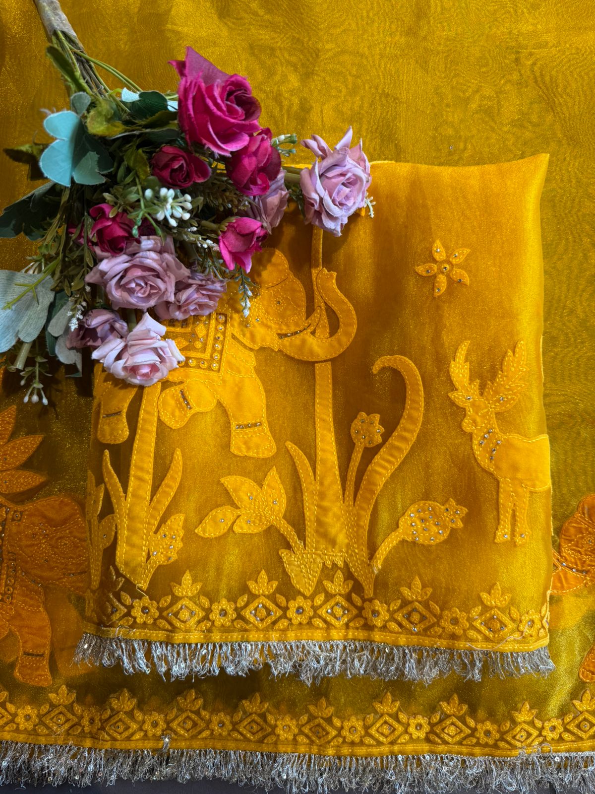 Velvet Elephant Appliqué Organza Unstitched Suit