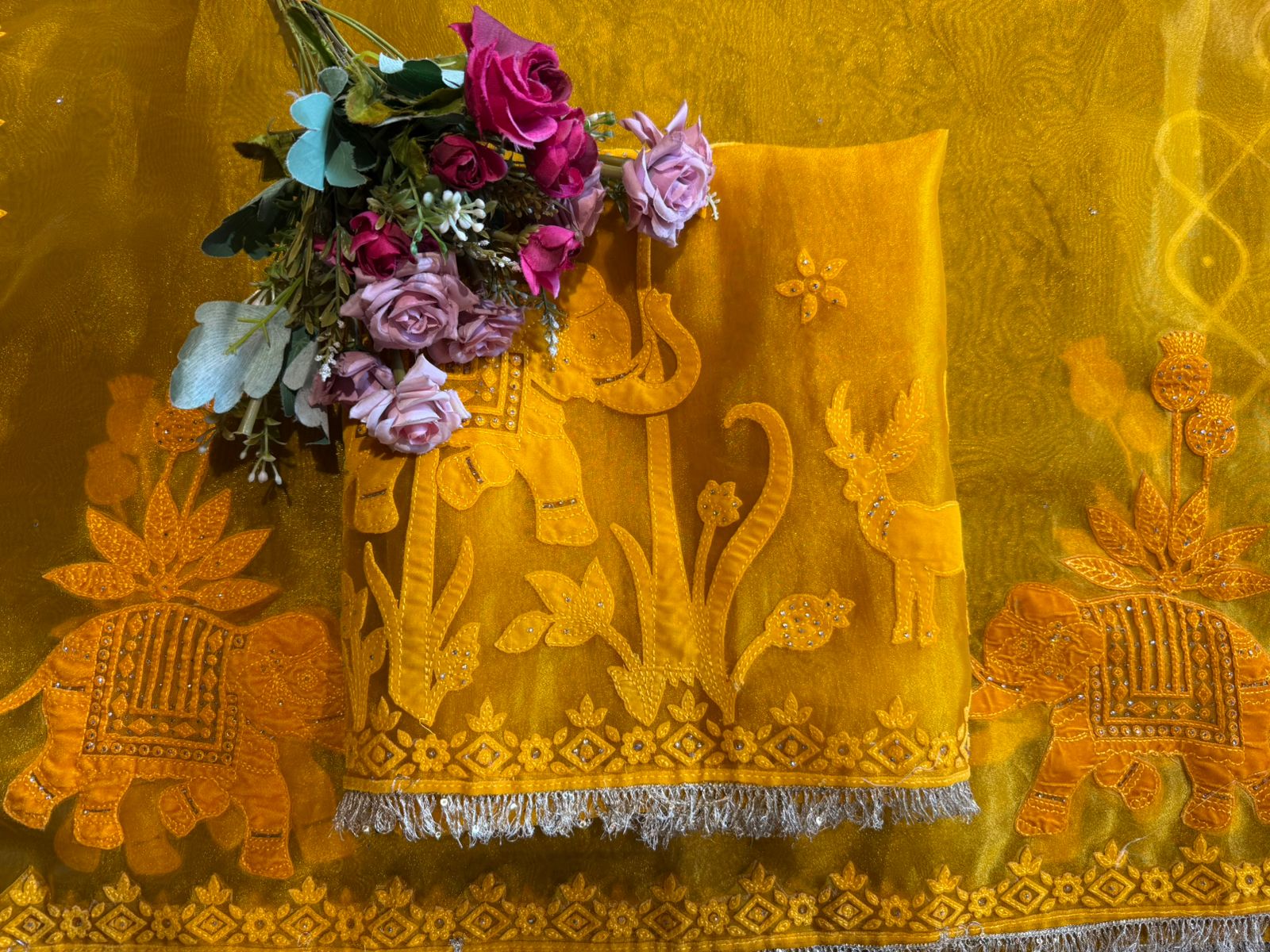 Velvet Elephant Appliqué Organza Unstitched Suit