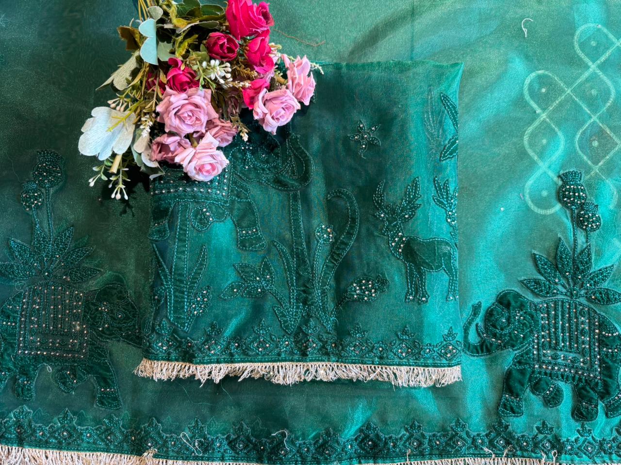 Velvet Elephant Appliqué Organza Unstitched Suit