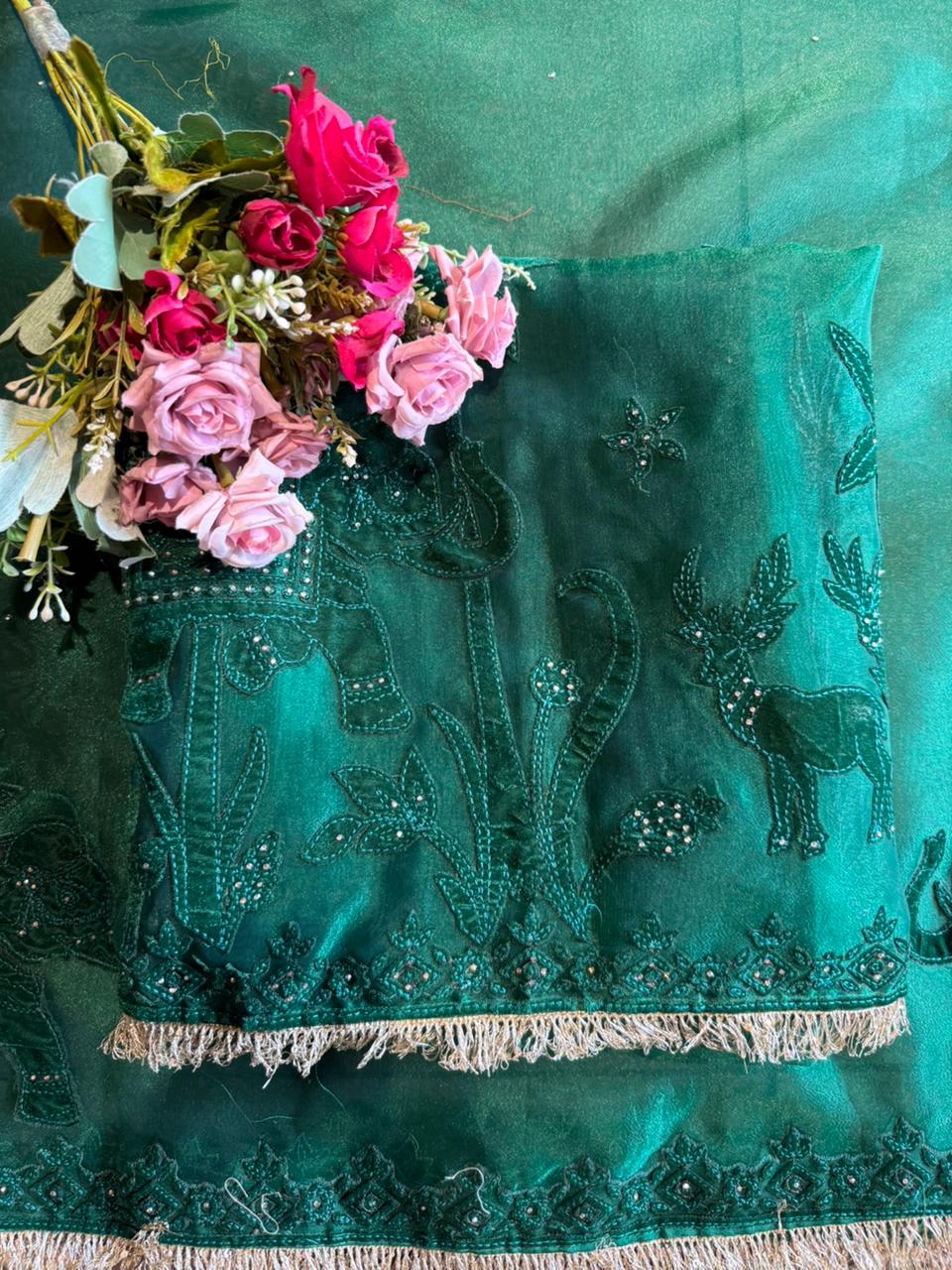 Velvet Elephant Appliqué Organza Unstitched Suit