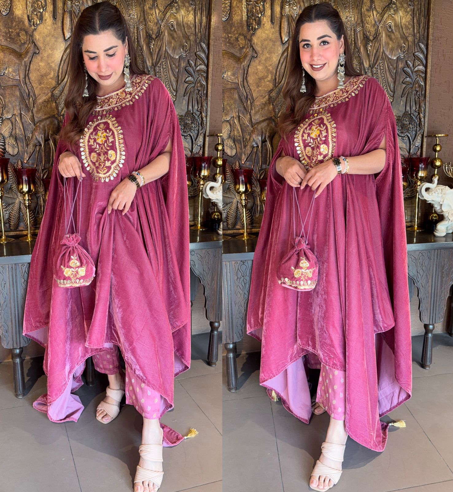 Embroidered Velvet Poncho Set