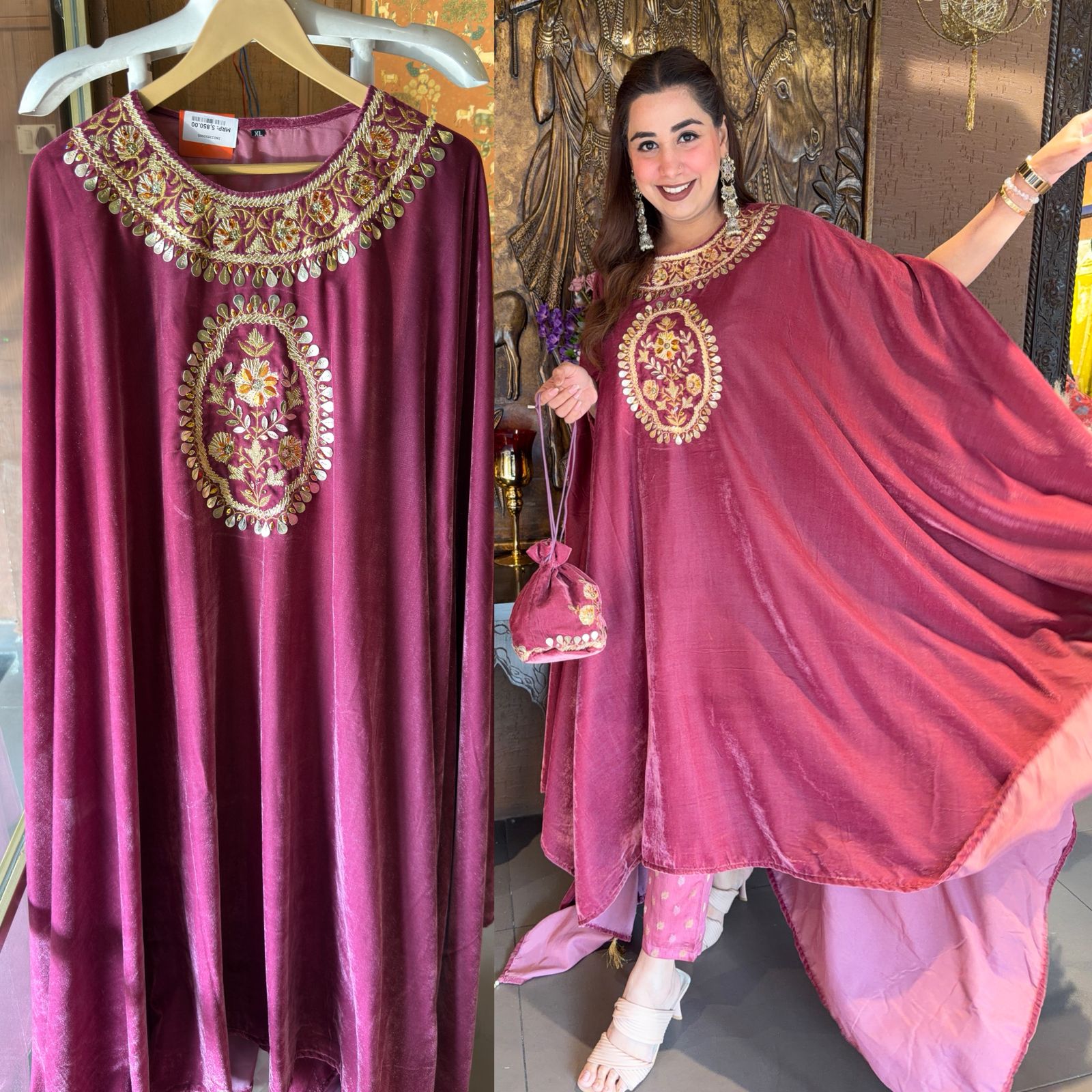 Embroidered Velvet Poncho Set