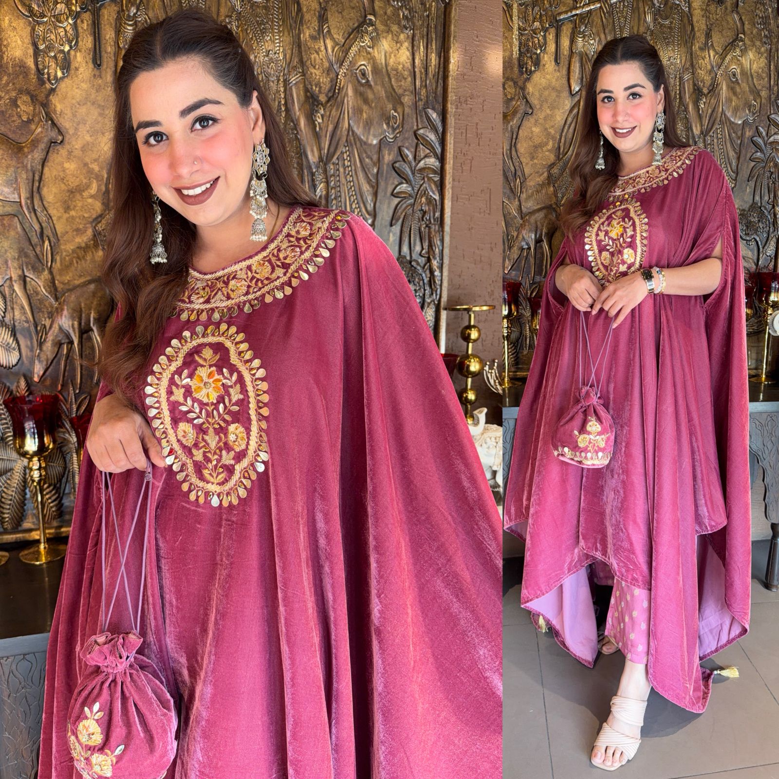 Embroidered Velvet Poncho Set