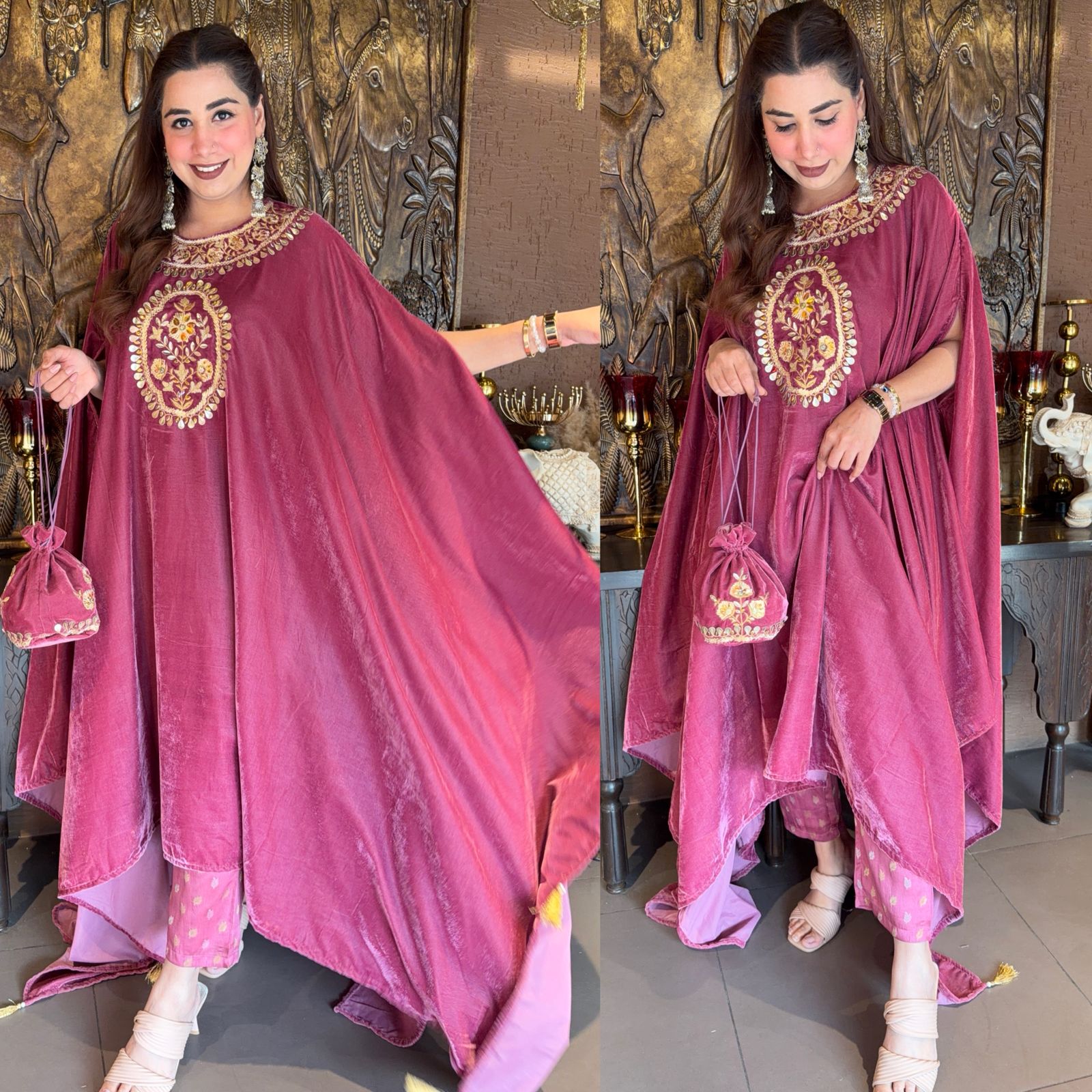Embroidered Velvet Poncho Set