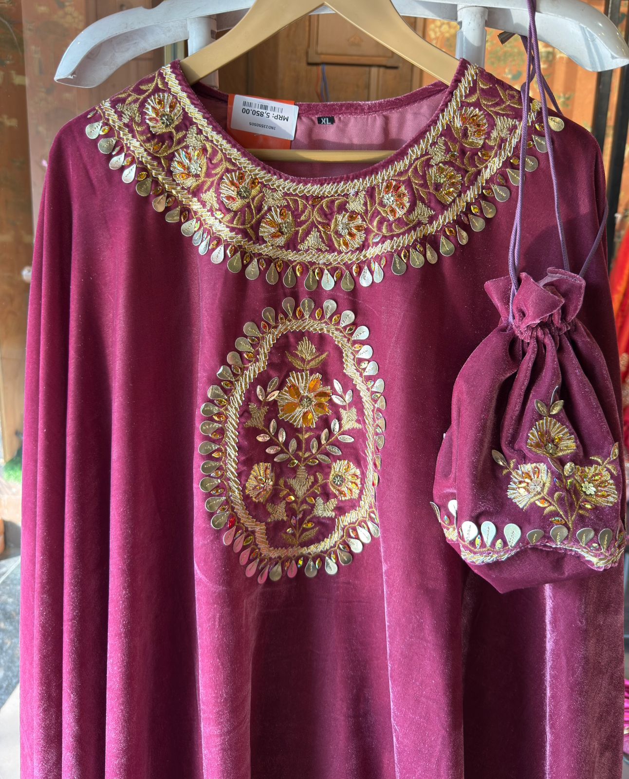 Embroidered Velvet Poncho Set