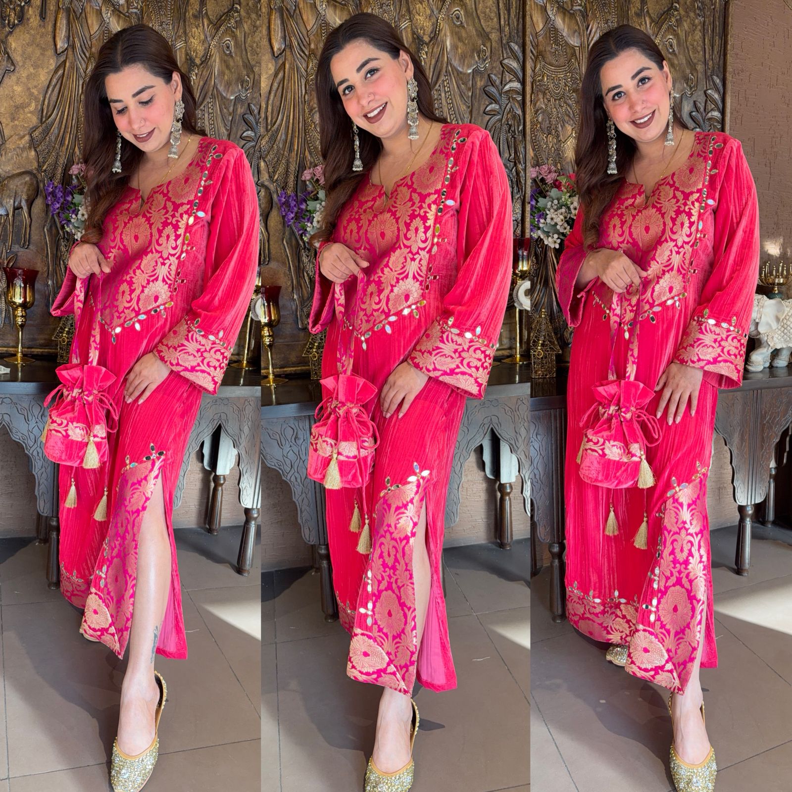 Vibrant hot pink crushed-velvet Long dress
