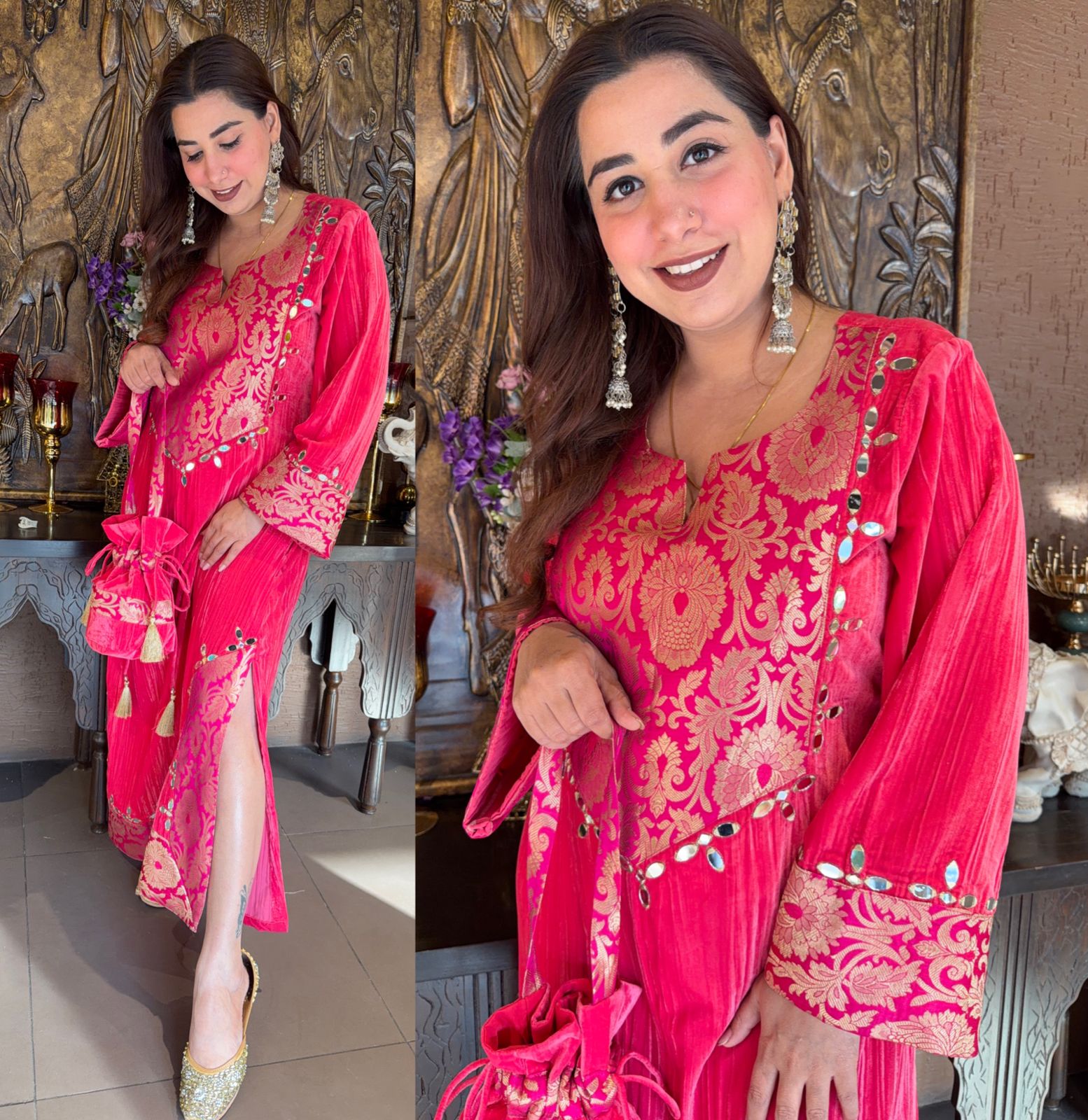 Vibrant hot pink crushed-velvet Long dress