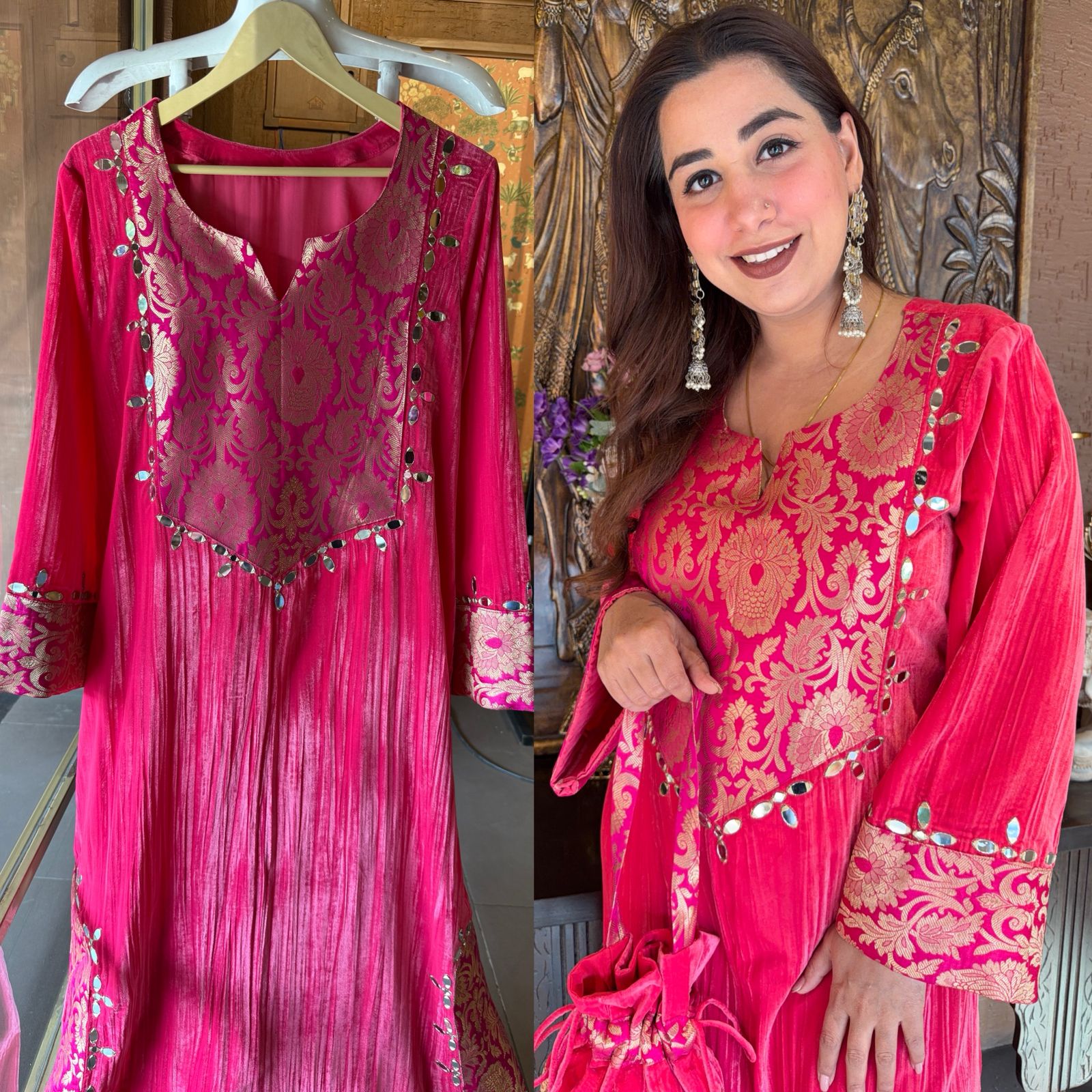 Vibrant hot pink crushed-velvet Long dress