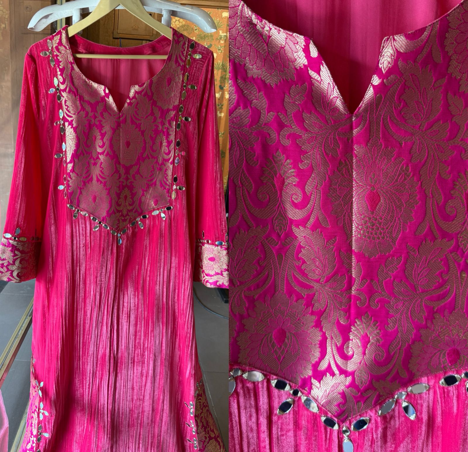 Vibrant hot pink crushed-velvet Long dress