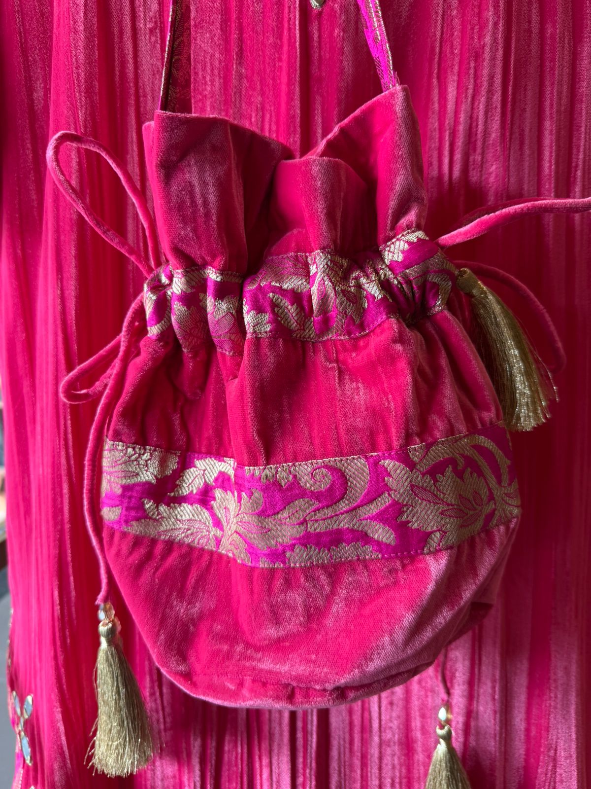 Vibrant hot pink crushed-velvet Long dress