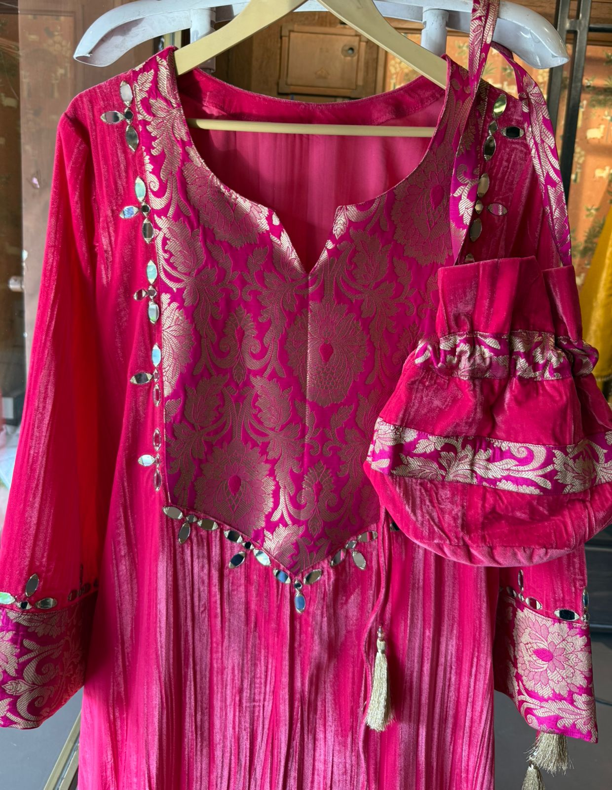 Vibrant hot pink crushed-velvet Long dress