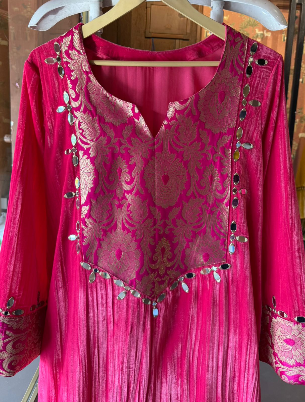 Vibrant hot pink crushed-velvet Long dress