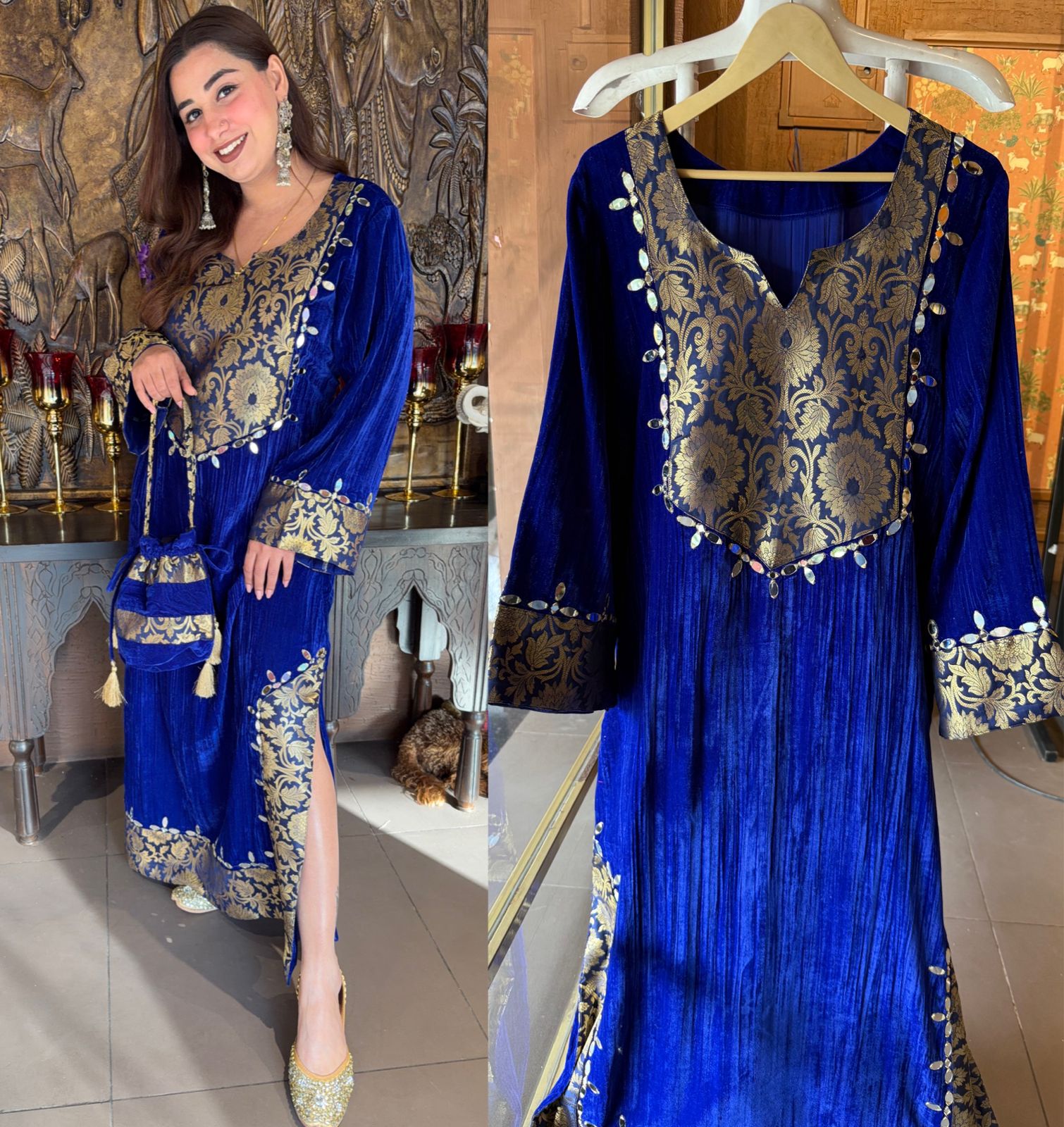 Vibrant Electic Blue crushed-velvet Long dress