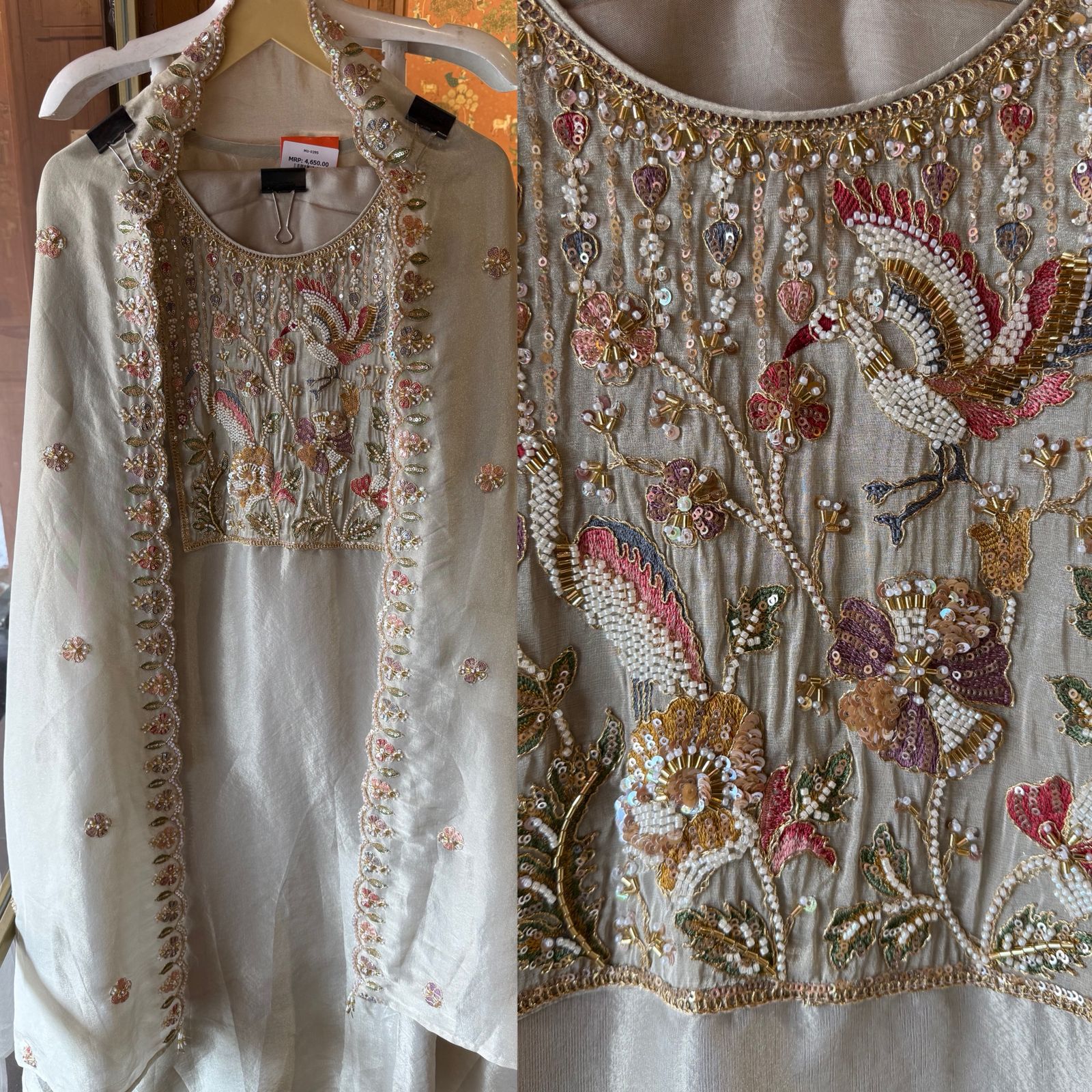 Champagne Gold Hand-Embroidered Unstitched Suit Set