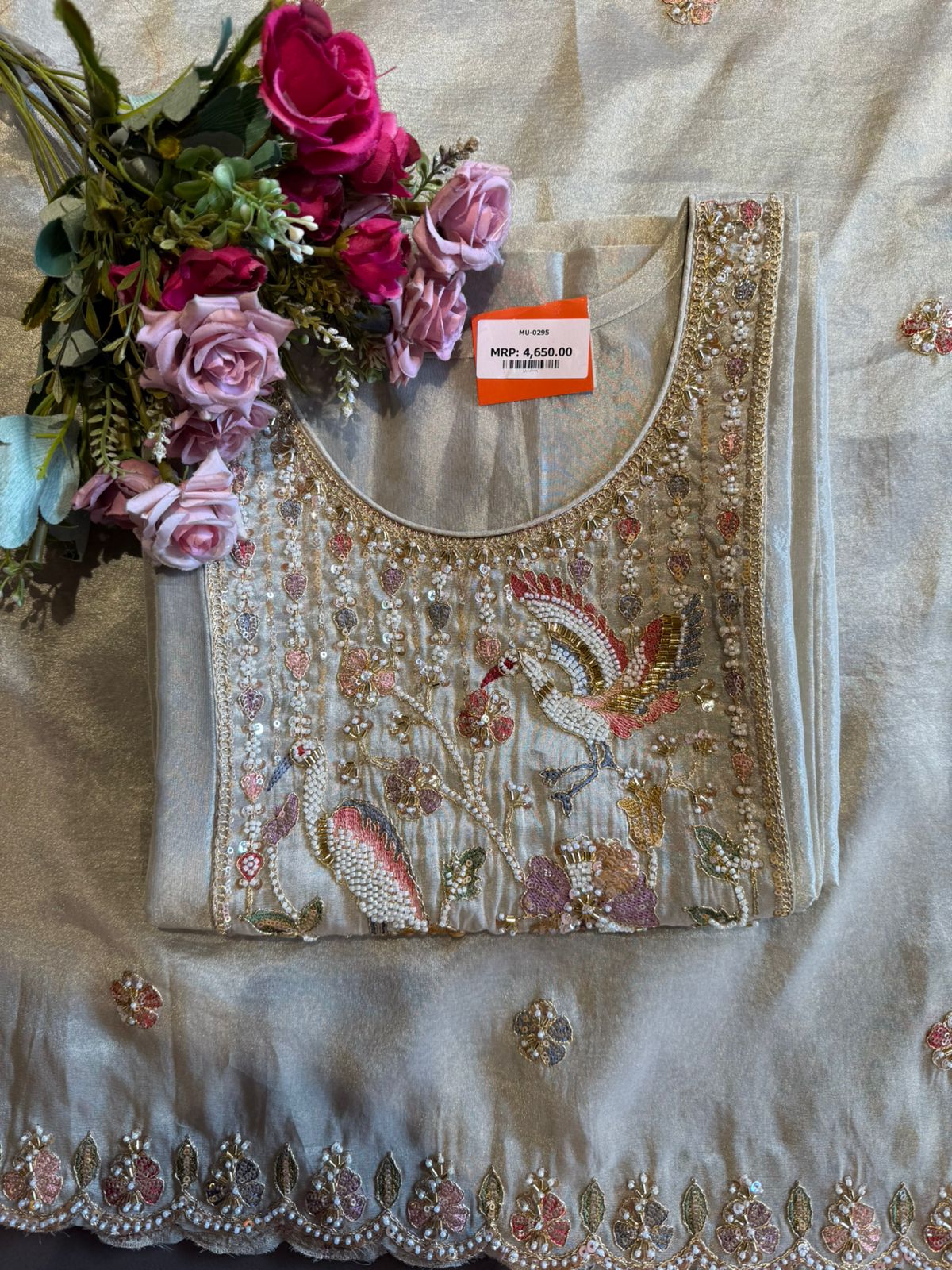 Champagne Gold Hand-Embroidered Unstitched Suit Set