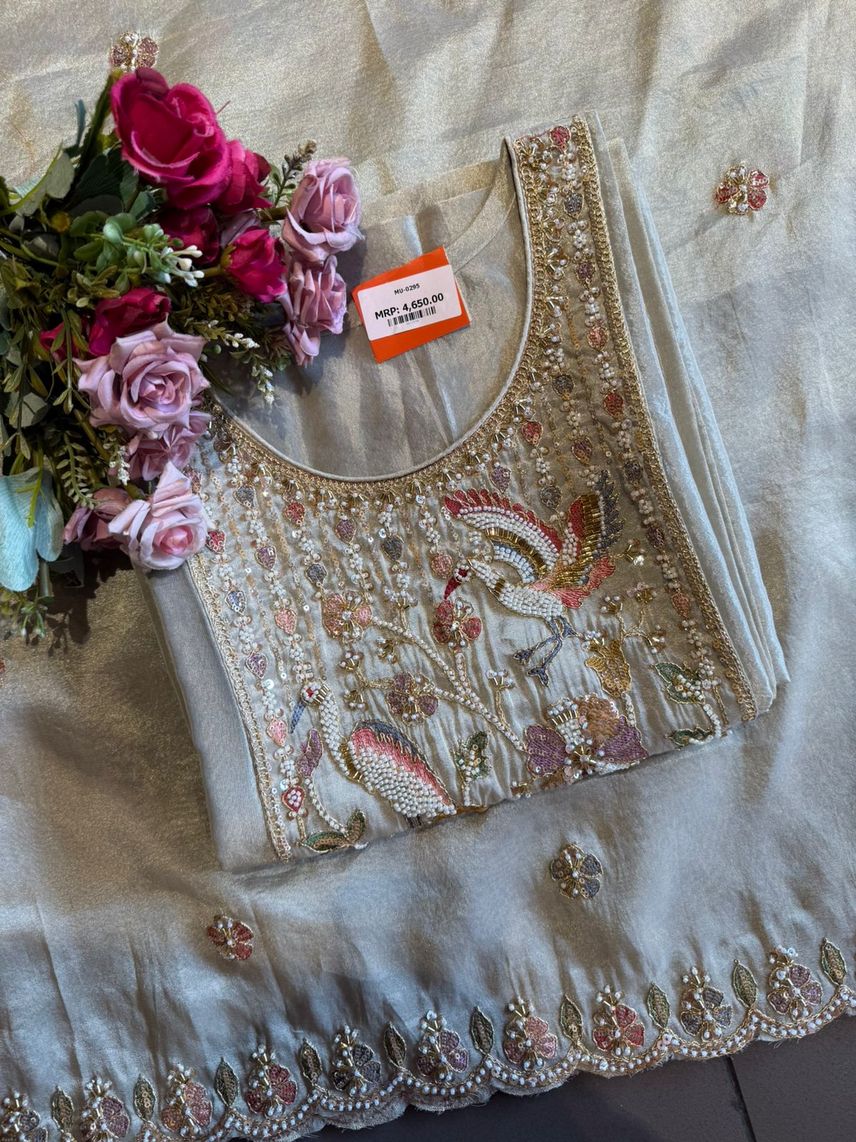 Champagne Gold Hand-Embroidered Unstitched Suit Set
