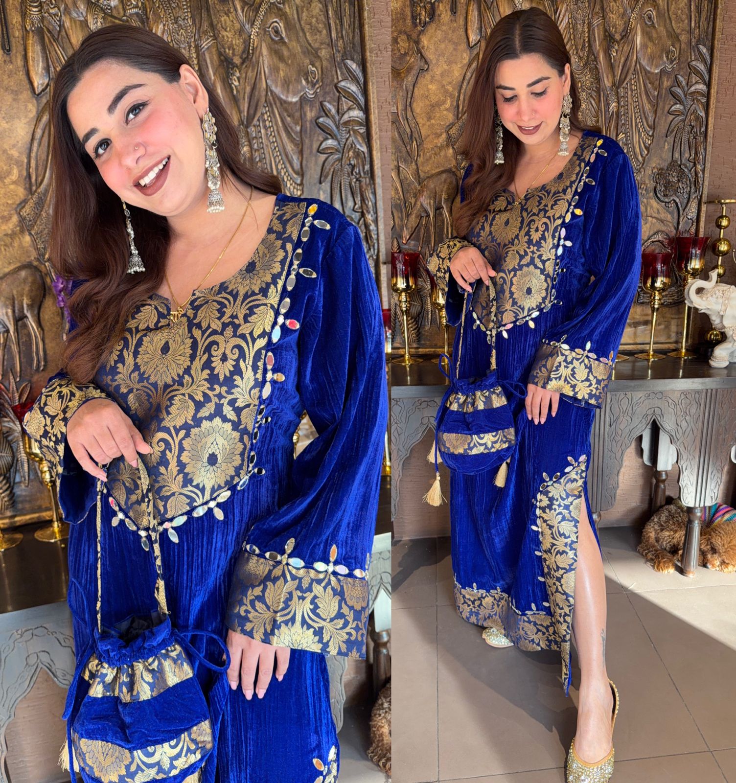 Vibrant Electic Blue crushed-velvet Long dress
