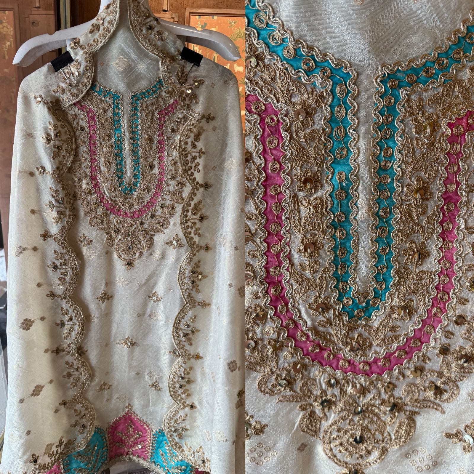 Ivory Bandhani Embroidered Unstitched Opada Silk Suit