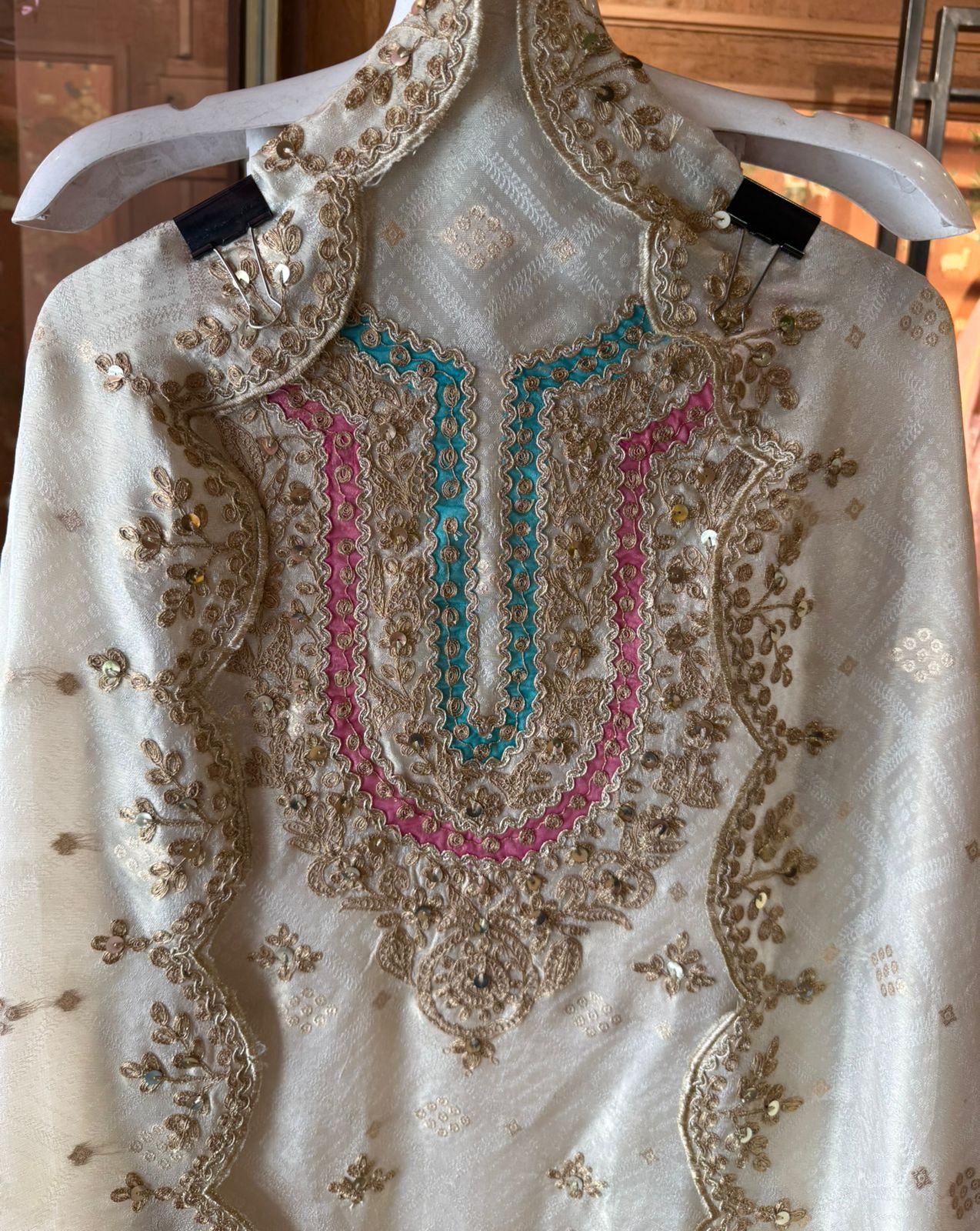 Ivory Bandhani Embroidered Unstitched Opada Silk Suit