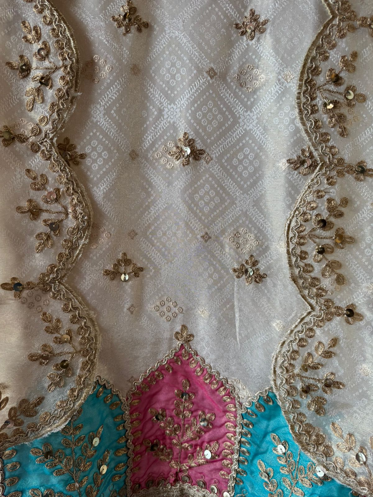 Ivory Bandhani Embroidered Unstitched Opada Silk Suit