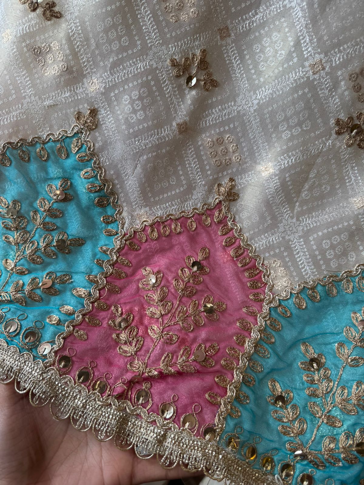 Ivory Bandhani Embroidered Unstitched Opada Silk Suit